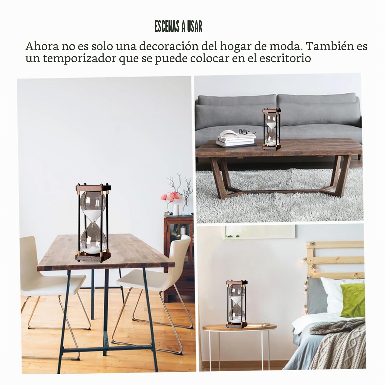 Reloj de Arena 60 Minutos Madera Cristal Arcoíris Decorativo Blanco