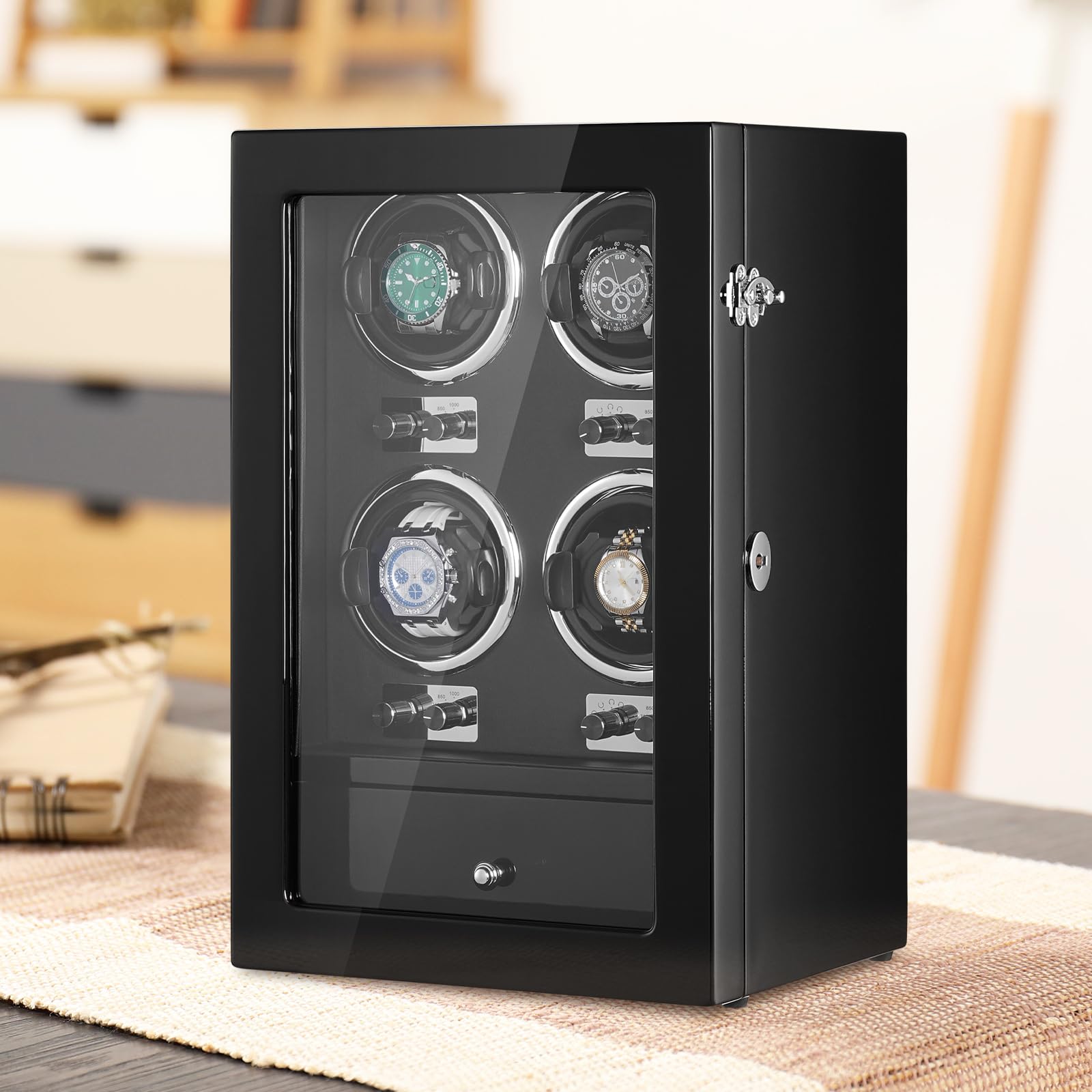 VEVOR Uhrenbeweger Uhrenbeweger für 4 Herren Damen Automatikuhren, mit 4 super leisen japanischen Mabuchi-Motoren, blauem LED-Licht und Adapter, hochdichter Boardschale und schwarzem PU