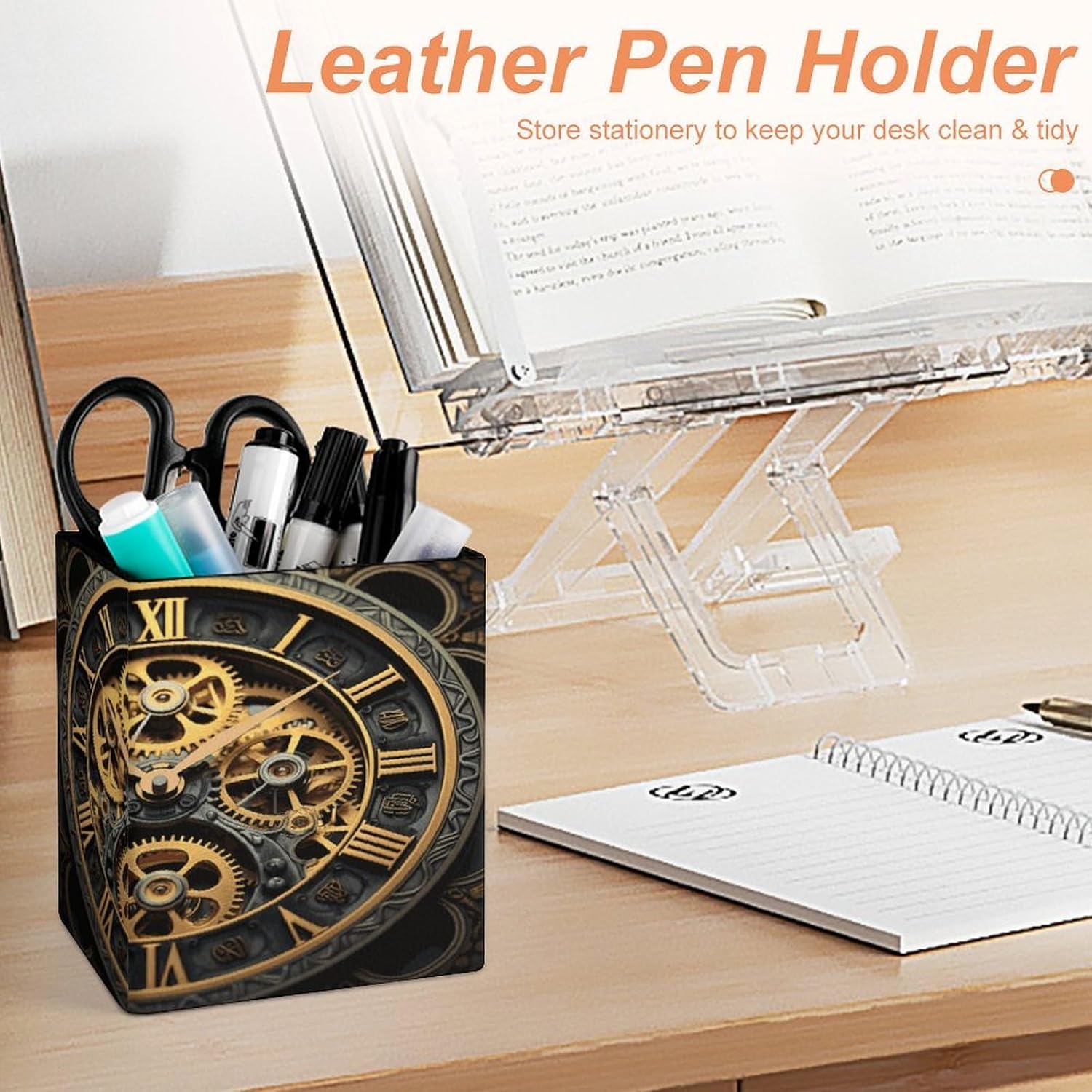 Square Pen Holder Clock Gear Desk Organizer Pencil Cup image 4