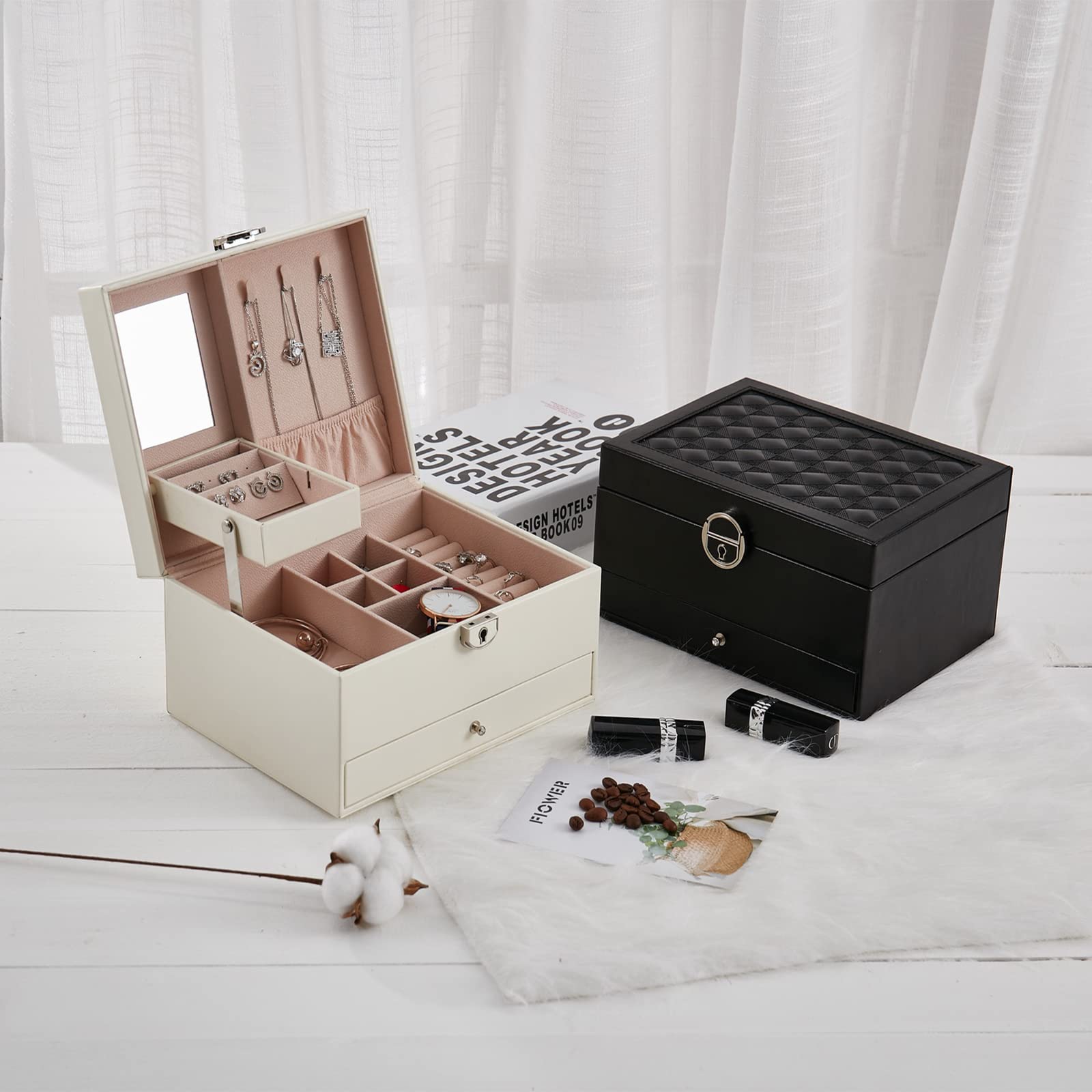 JXINLODGEG Boîte à Bijoux Pour Filles Femmes, Organisatrice De Bijoux En Faux Cuir Avec Tiroirs, Miroir, Serrure Et Clés Pour Ranger Les Bagues