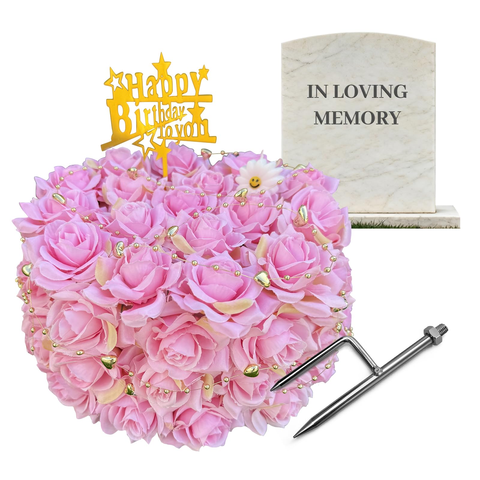 Silk Cake for Cemetery Headstone, with A Ground Stake, Artificial Grave Tombstone Gravesite Decor, Handcrafted Fake Birthday Flowers Cake for Mother's