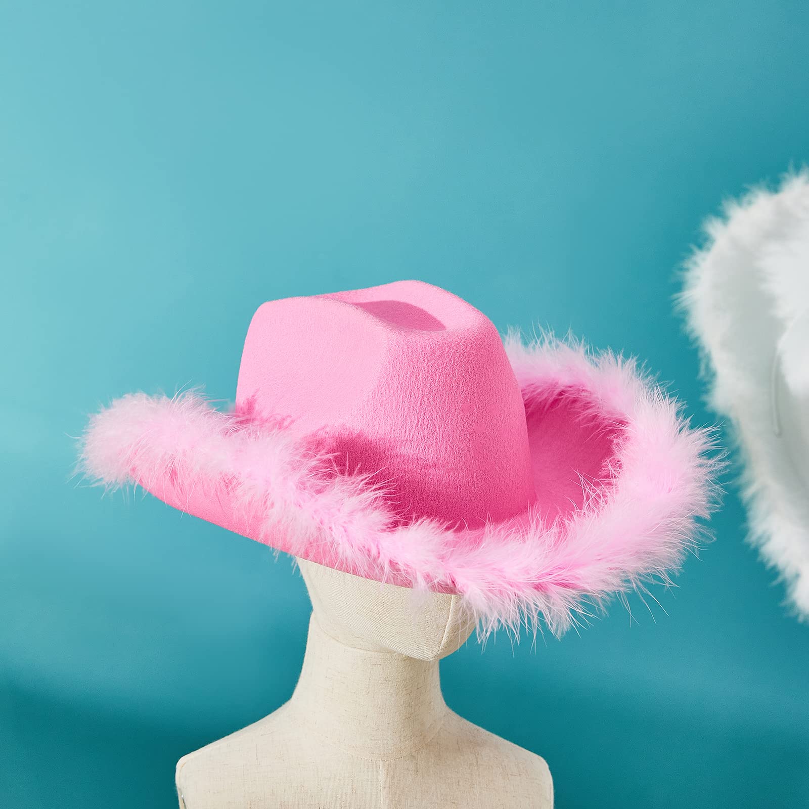 Cowboy Hats for Women,White Pink Cowgirl Hat with Fluffy Feather Trim,Cow Girl Hat Costume Party Play Dress Up (Pink)