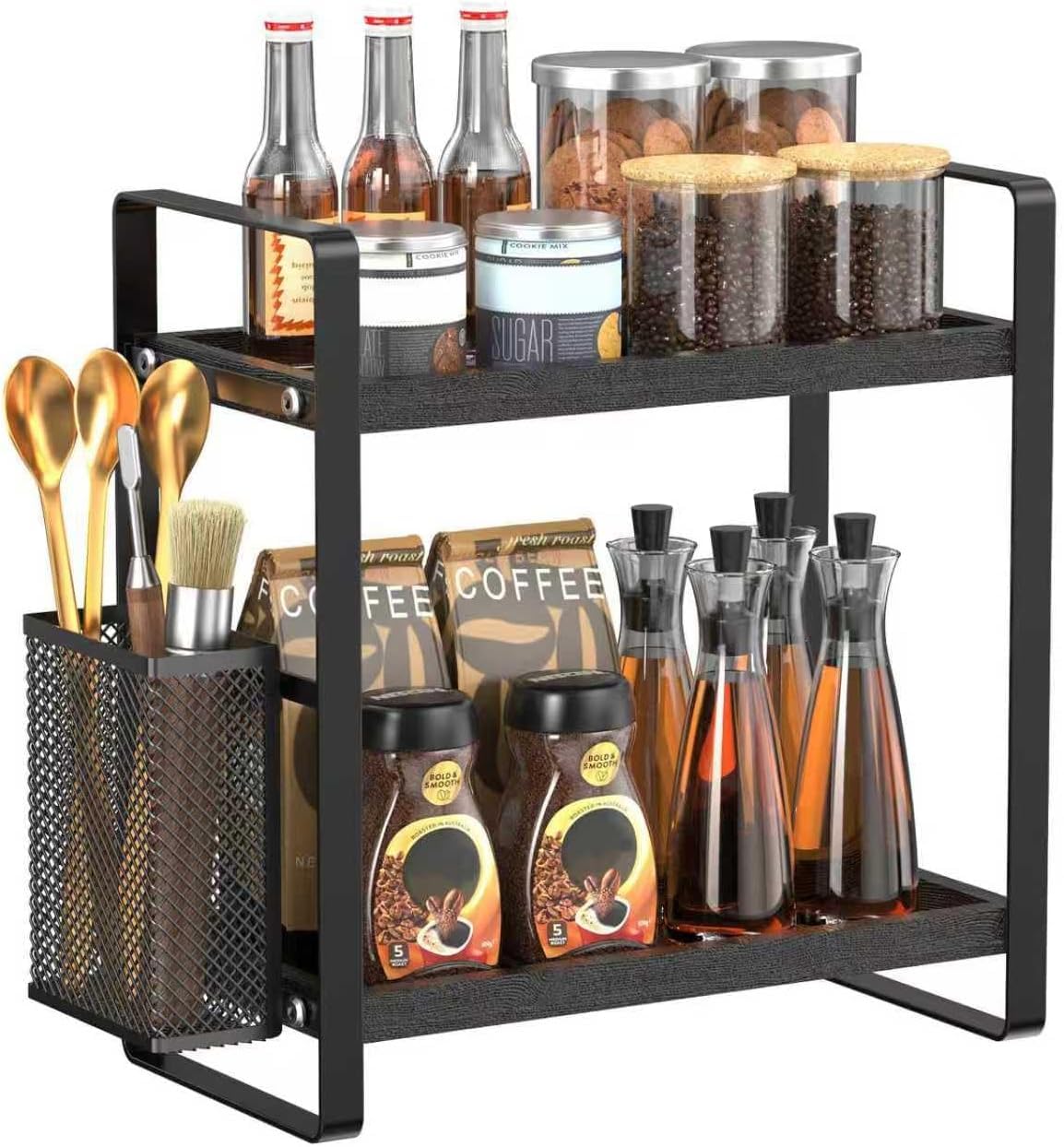 LEMIKKLE 2 Tier Spice Rack - Kitchen Storage & Organisation with Basket, Suitable for Coffee Station Organizer, Kitchen Organizer (Black)