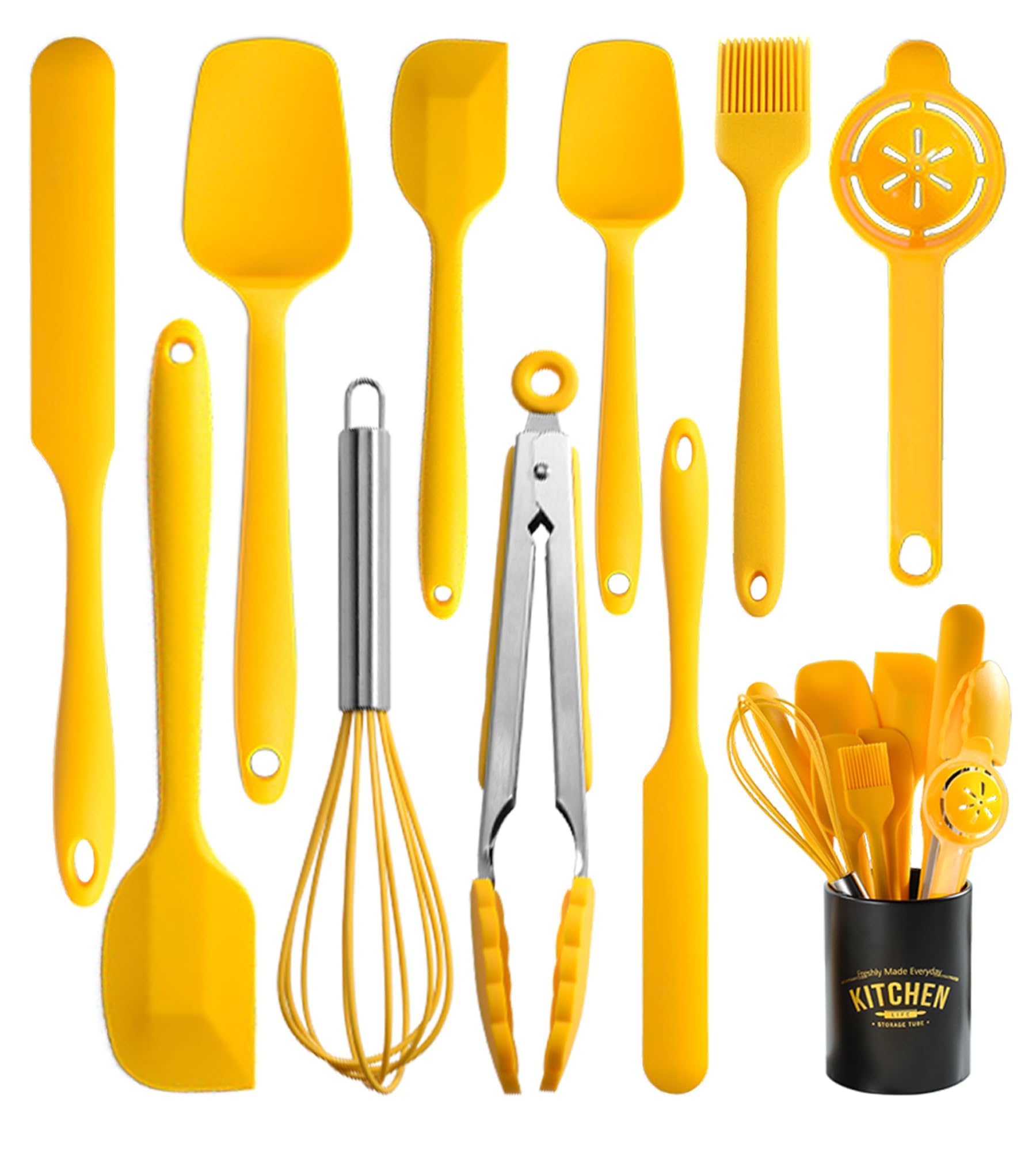 Silicone Spatula Set of 11 Kitchen Utensils with Iron Utensils Holder for Baking, Cooking, and Mixing,Cooking Spatulas Nonstick Cookware?Seamless and Flexible,Dishwasher Safe (Yellow)