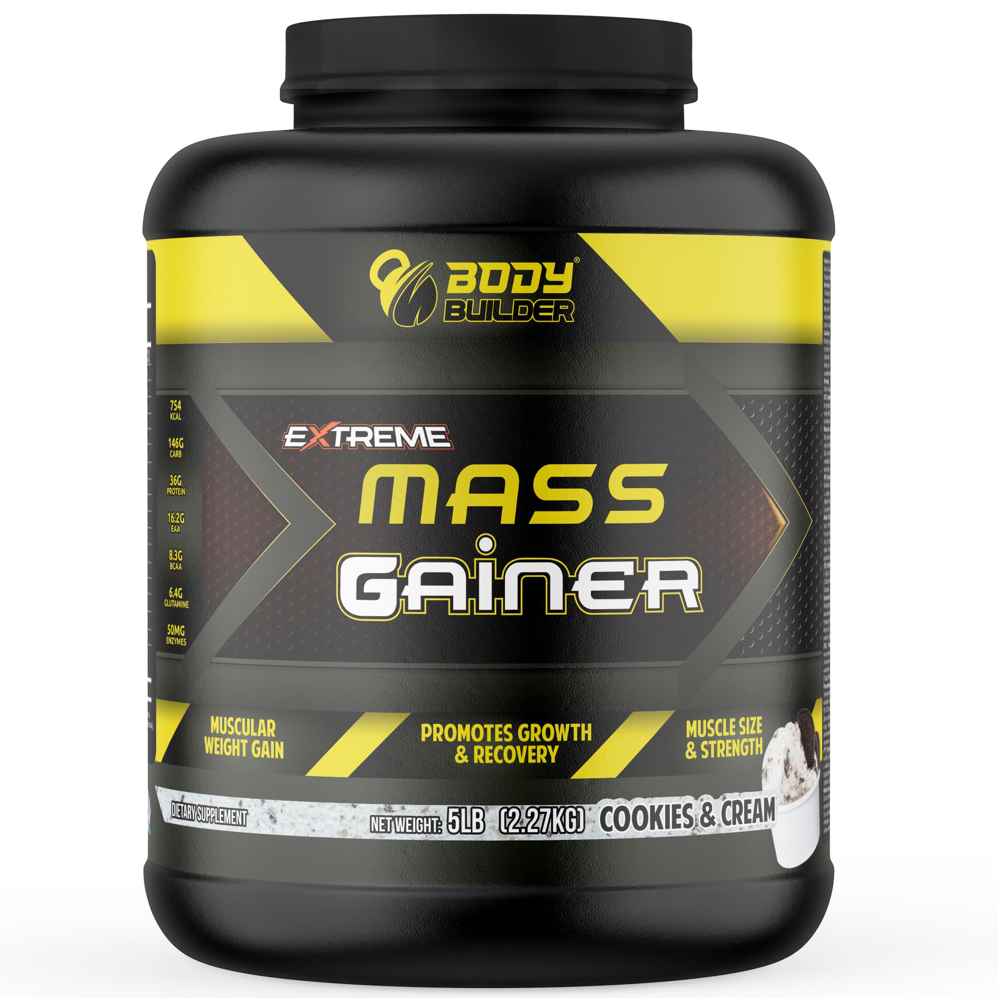 Body Builder Extreme Mass Gainer Ultimate Mass Gainer for Body Builders, 40gm of protein for muscle Growth & Recovery, Perfect for Extreme Bodybuilding (5 LBS, Cookies and Cream) Cookies and Cream 5 LBS