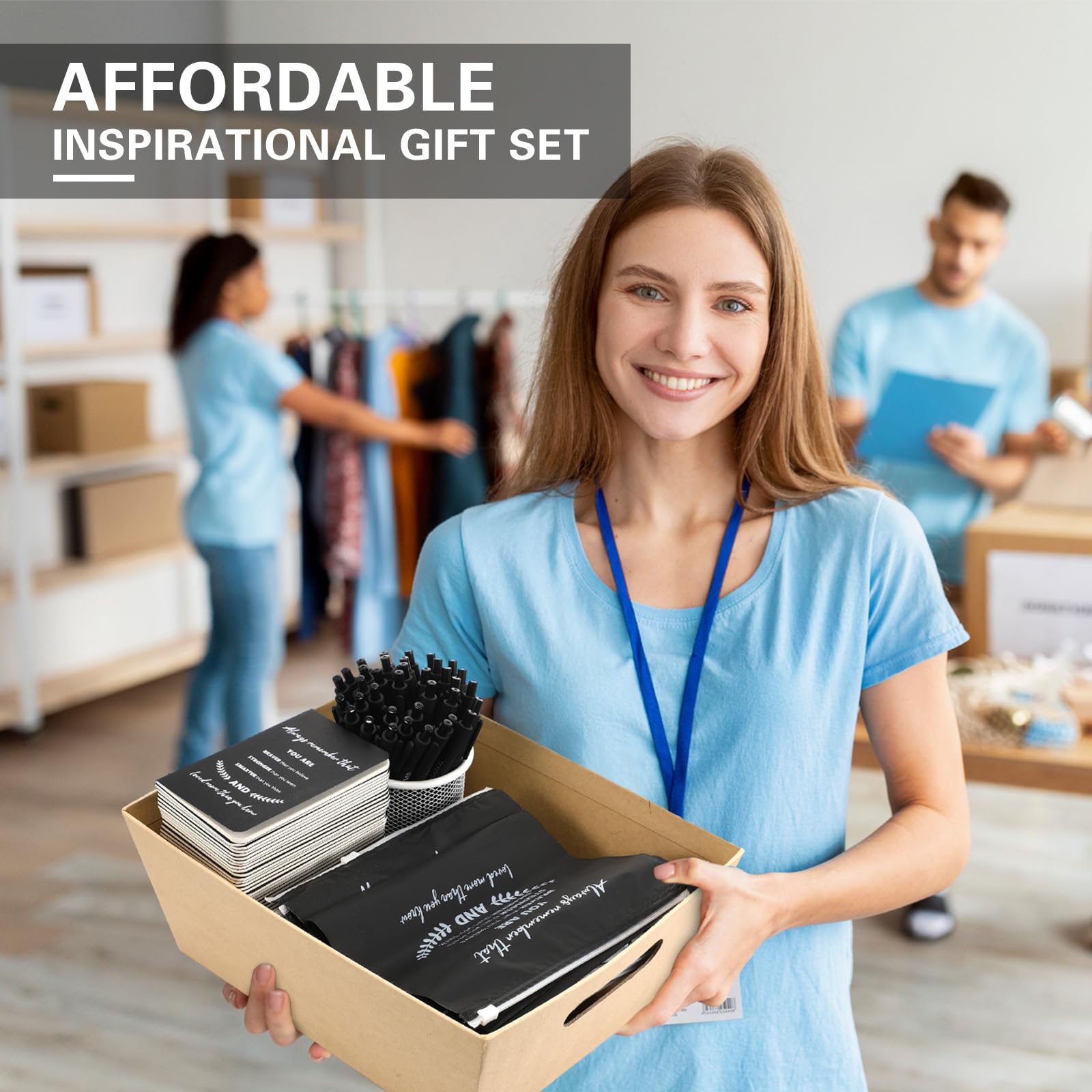 Seajan 150 Pcs Inspirational Gifts Bulk Including 50 Pcs Motivational Pen 50 Pcs Inspirational Notepad 50 Pcs Makeup Bag Christmas Christian Gift for Men Women Employee Coworker School Office(Black)