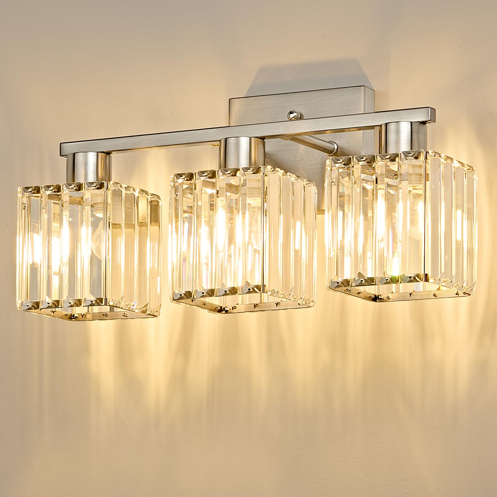 OKELI 3-Light Bathroom Light Fixtures Modern Brushed Nickel Crystal Wall Light for Bathroom Lighting Fixtures Over Mirror