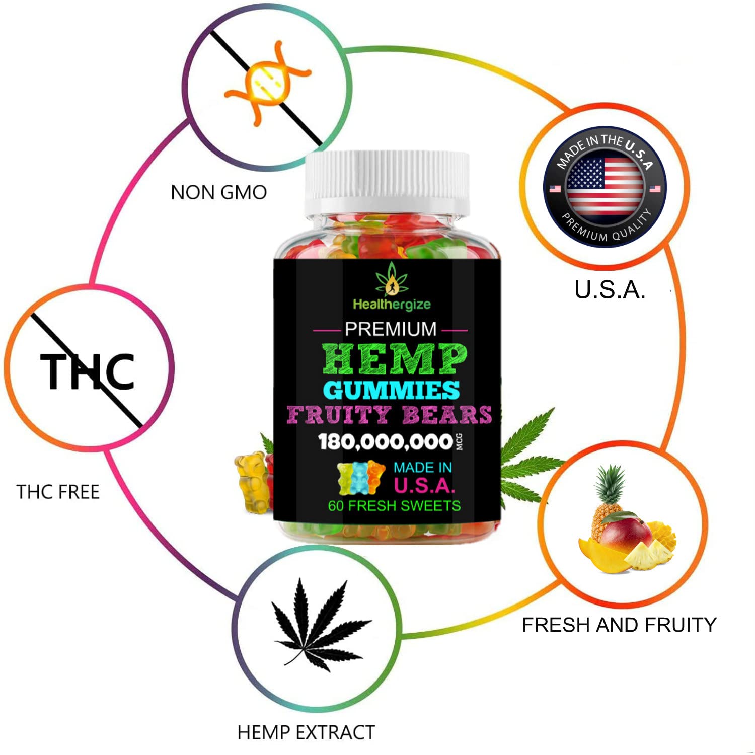 Healthergize Hemp GummiesPremium Gummy Bears, Best TastingMade in USA
