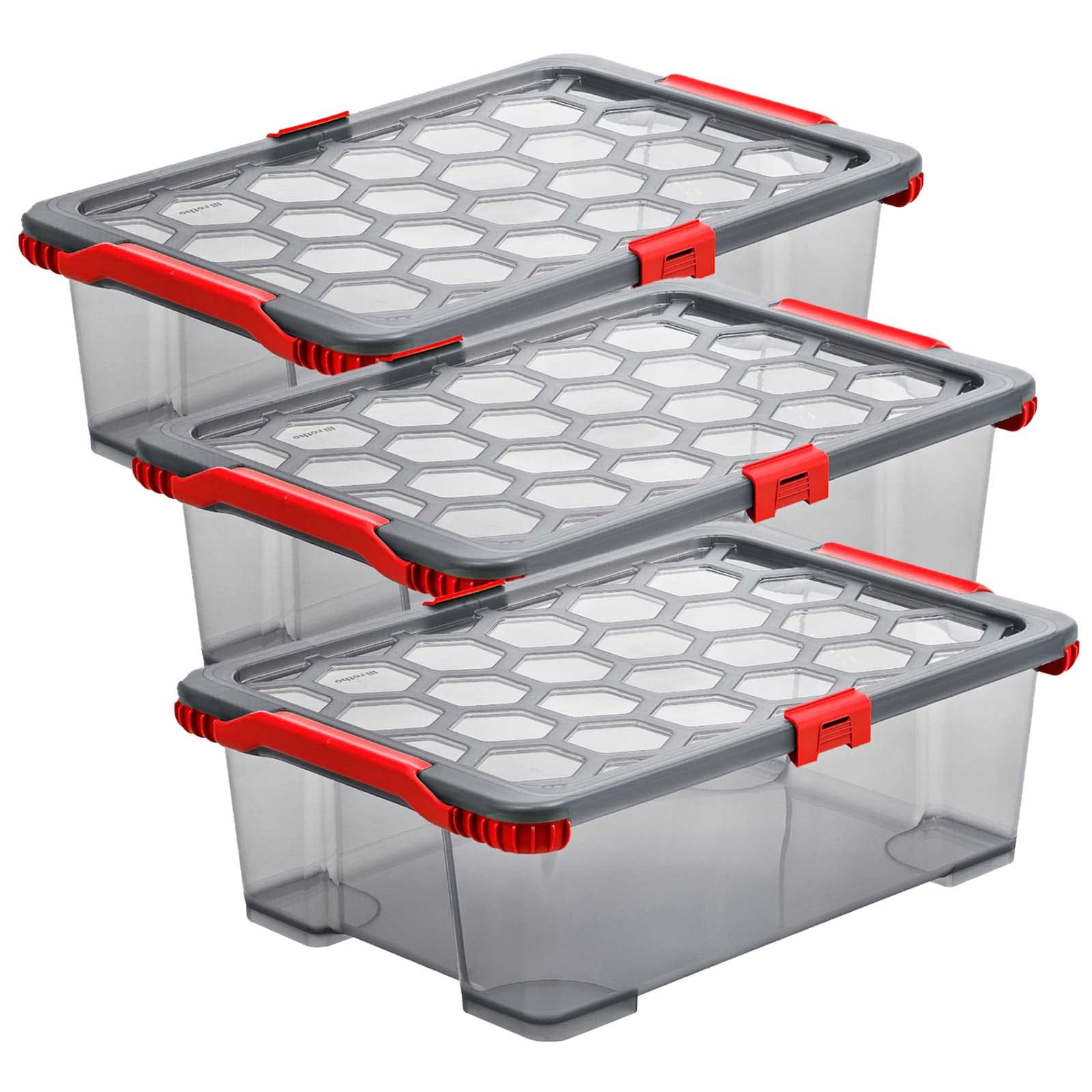 Rotho Evo Aufbewahrungsbox mit Deckel 30 L 3er-Set aus PP Anthrazit/Rot | Aufbewahrungsboxen im 3er-Set, je 30 L Volumen, Deckel in Rot, Boxen aus lebensmittelechtem PP, Anthrazit, für Lebensmittel