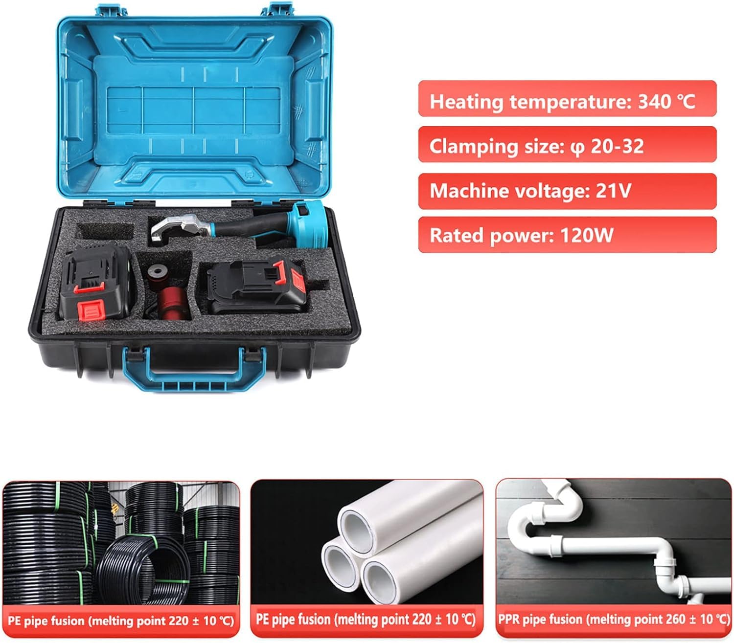 Máquina de soldadura de tuberías inalámbrica, fusor de 340 ℃ para PPR PE PP, herramienta portátil para tuberías de 20-32 mm, soldadura de plástico eficiente, ideal para uso doméstico y profesional