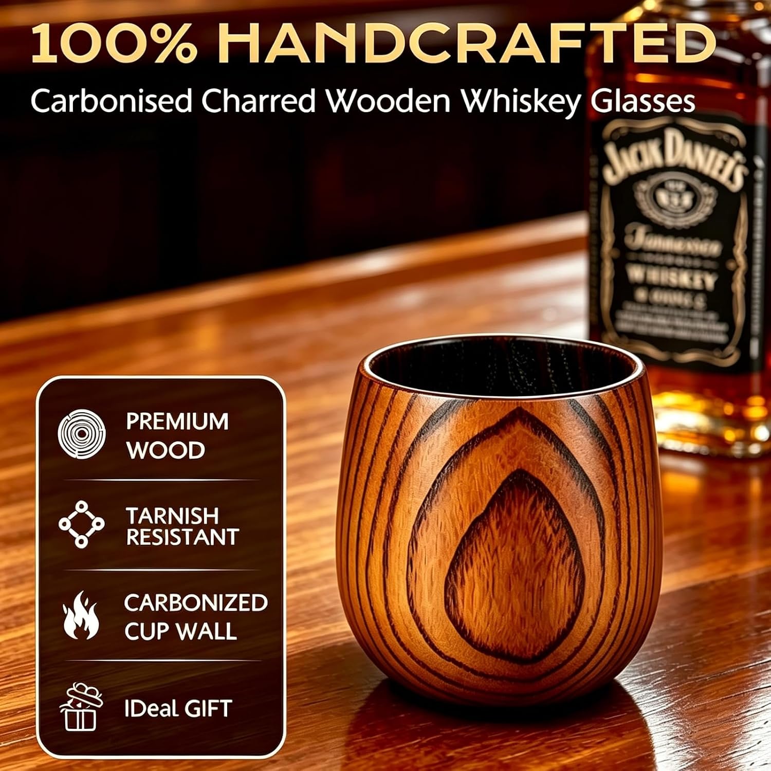 Charred Wooden Bourbon Drinking Glass, Artisan Oak Whiskey Tumbler Set, Unbreakable Wooden Whiskey Glass for Men, Premium Bourbon Glass Gift for Dad Husband image 2