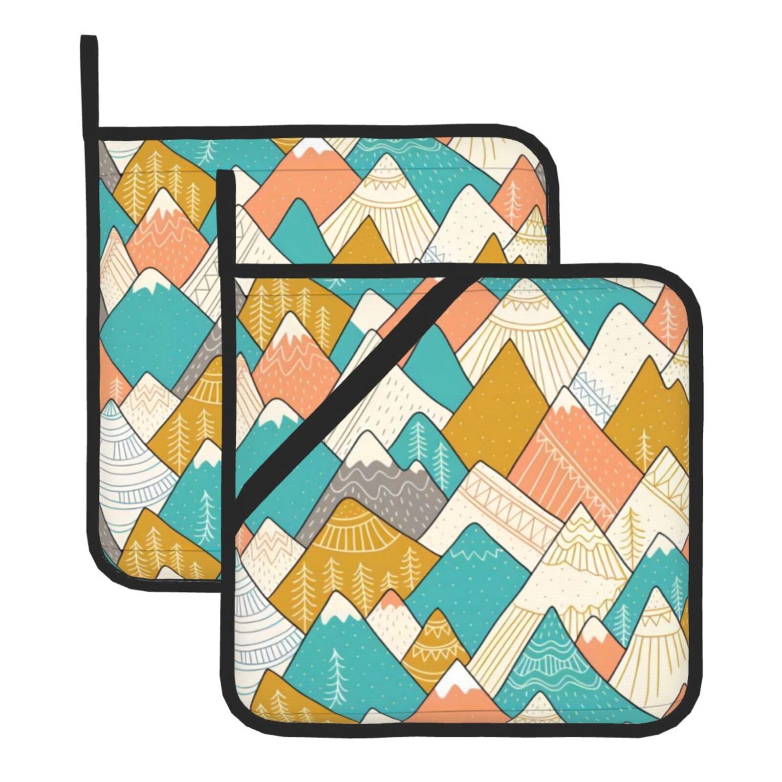 YYHHAOFA Mountains Prints Square Hot Pads - Durable Kitchen Covers for Heat Resistance, Waterproof Protection & Easy Cleaning - 2-Pack with Hanging Loops