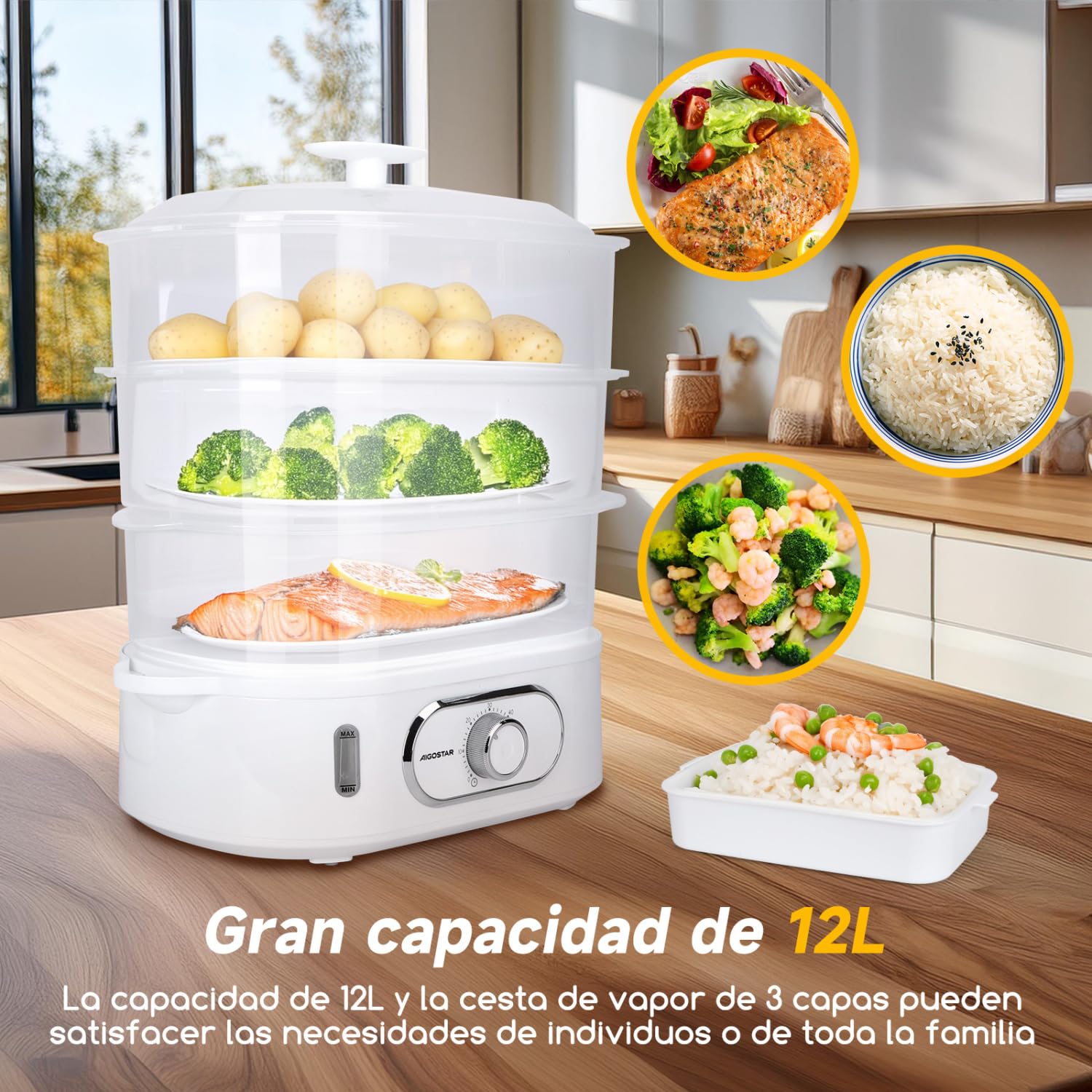 Aigostar Vaporera Eléctrica 12L, Vaporera con 3 Recipientes Apilables, Soporte Para Cocinar Huevos, Temporizador 60 Minutos, Recipiente Para Cocinar arroz, Sin BPA, 900 W