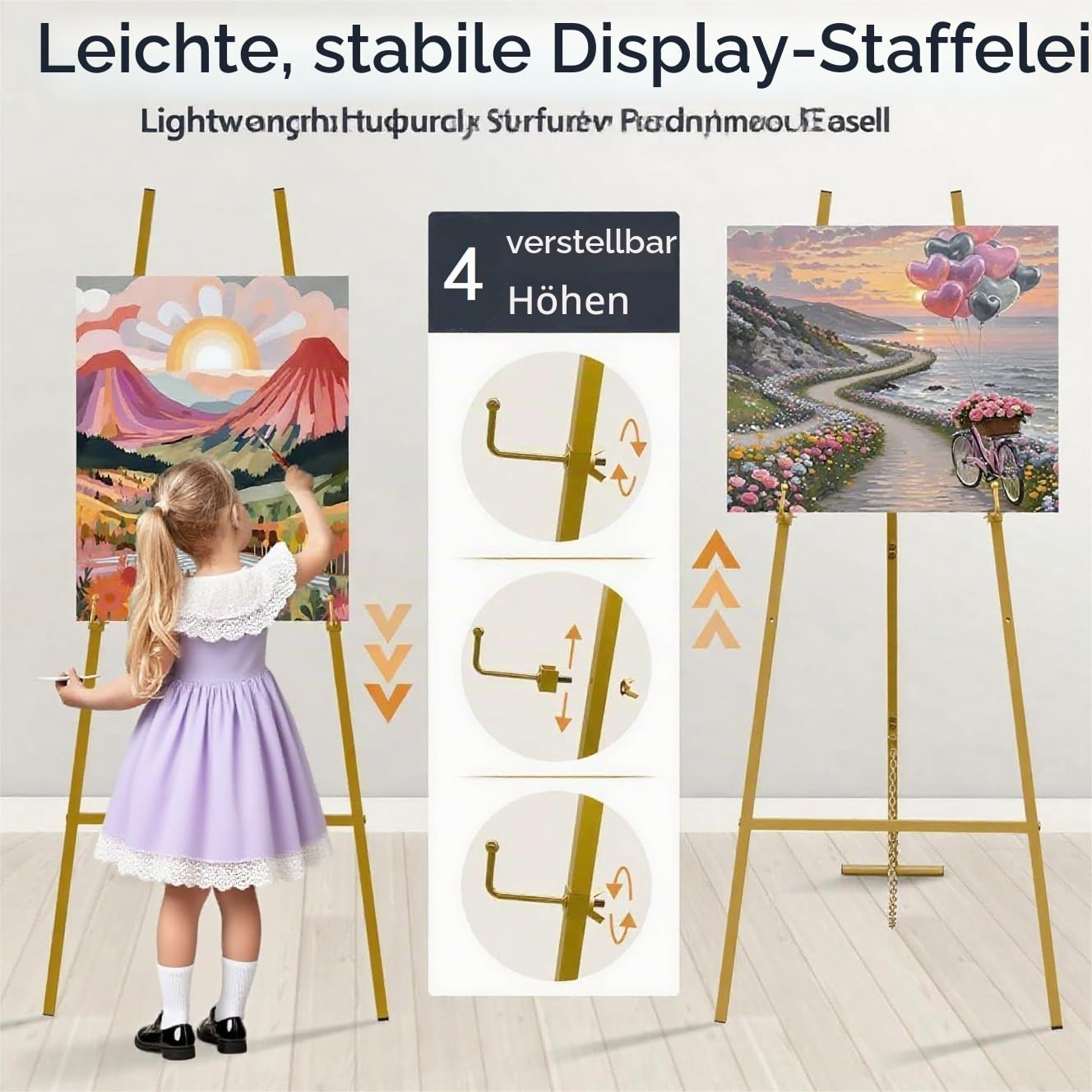Goldener Staffelei-Ständer für Hochzeitsschilder, robuste Metall-Staffelei mit verstellbarer Kette, 4-stöckige Höhe, Kunststaffelei für Kunst, Malerei, Willkommensschild, Poster und kommerzielle