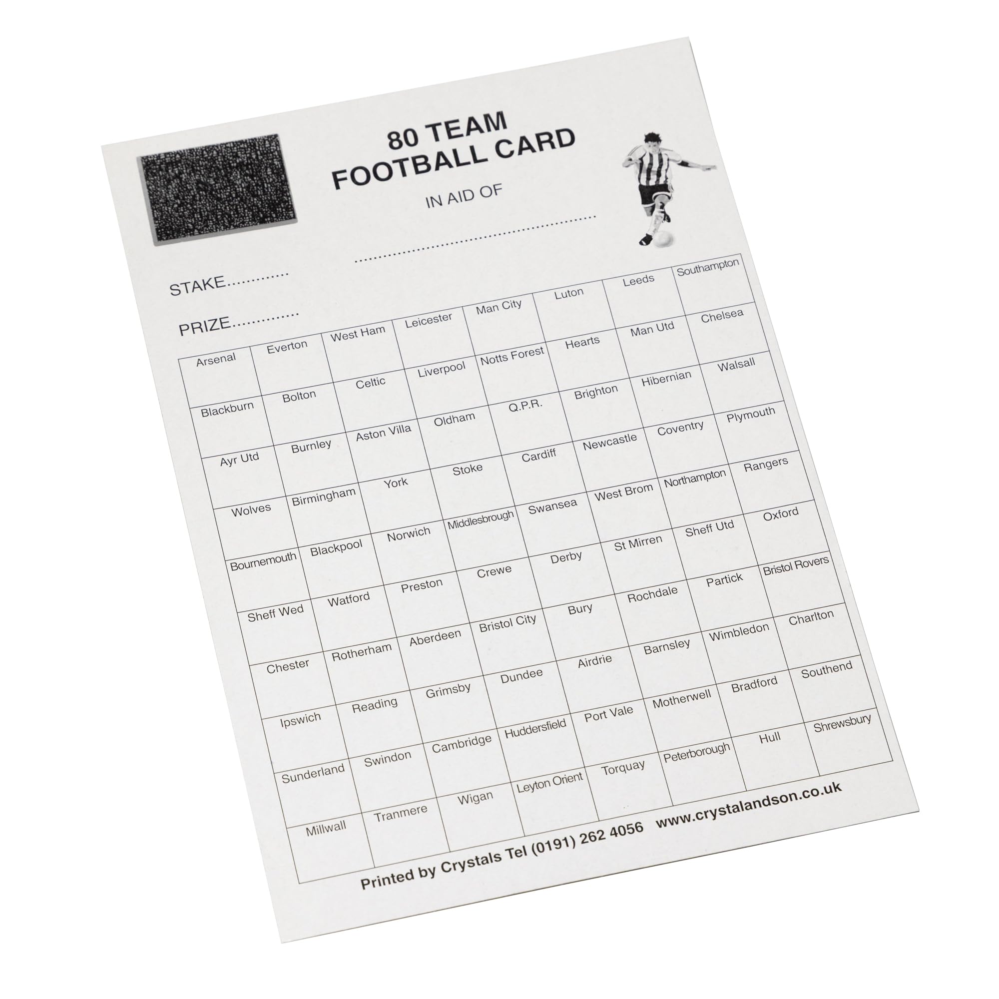 Crystals Club Supplies 25 x 80 Team Football Fundrsising scratch Card