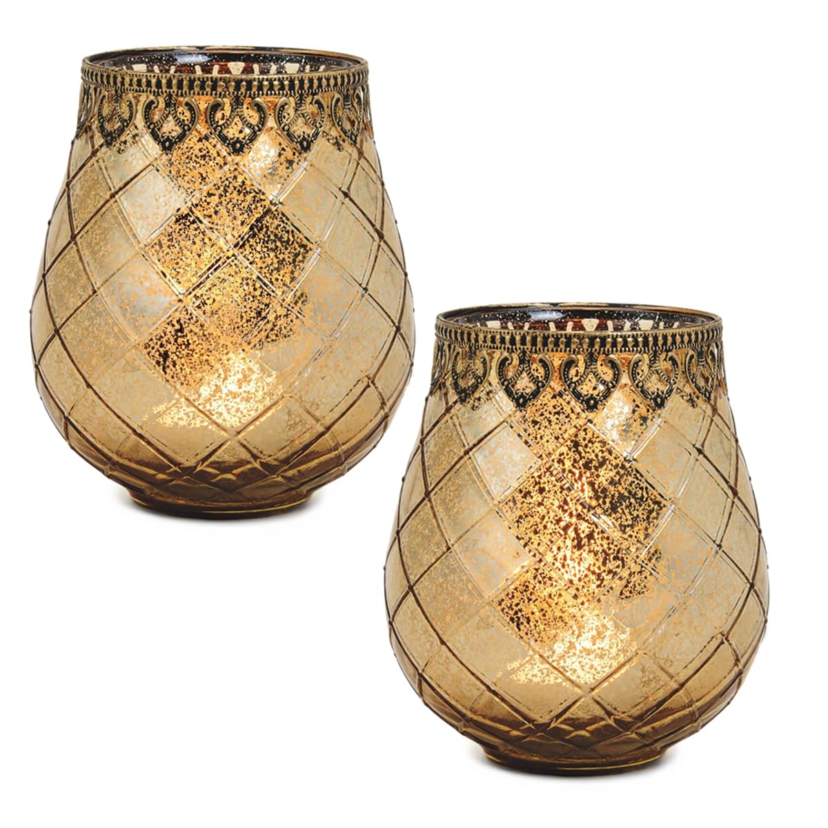 Vintage Windlicht Kerzengläser gold 2er Set in 18 cm - Modernes Windlichtglas als Kerzenständer Laterne und Teelichthalter - Boho Kerzenhalter Teelichtglas als Tisch-Deko, Balkon, Hochzeit