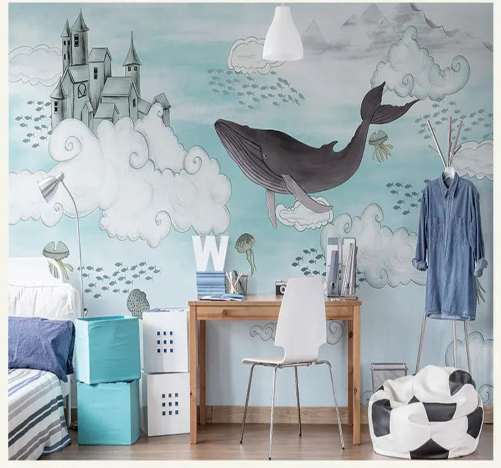 Tzxztt Cartoon Painted Castle Shark White Clouds Modern 3D Wallpaper Premium Textured Silk Neutral Tones Material Ideal for Living Room Bedroom-400cm×280cm