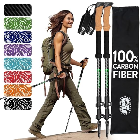 100% Carbon Fiber Trekking Poles by USA Brand - Ultra Strong Lightweight Collapsible Hiking Poles wi...