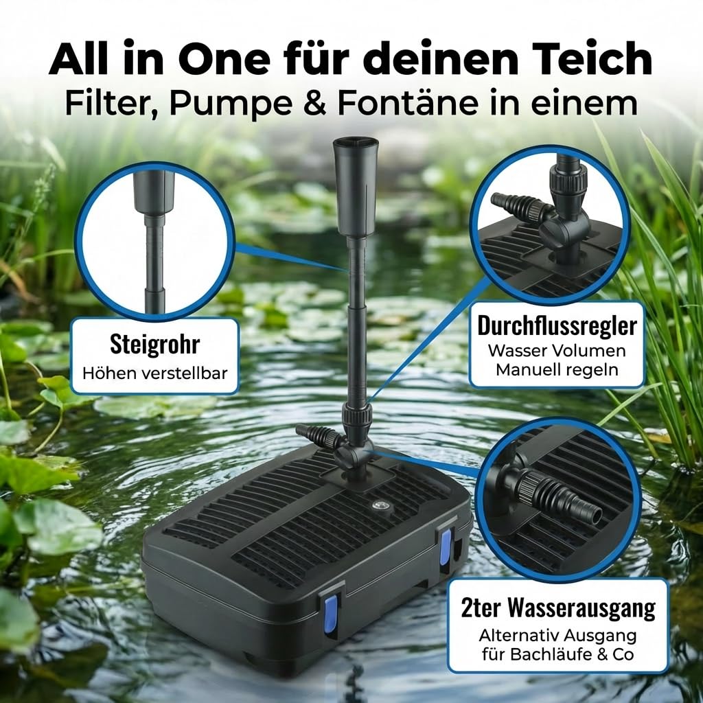 TEICHER Teichpumpe mit Filter und UV Lampe 2500 L/h 11W inkl. 3 Fontänenaufsätze