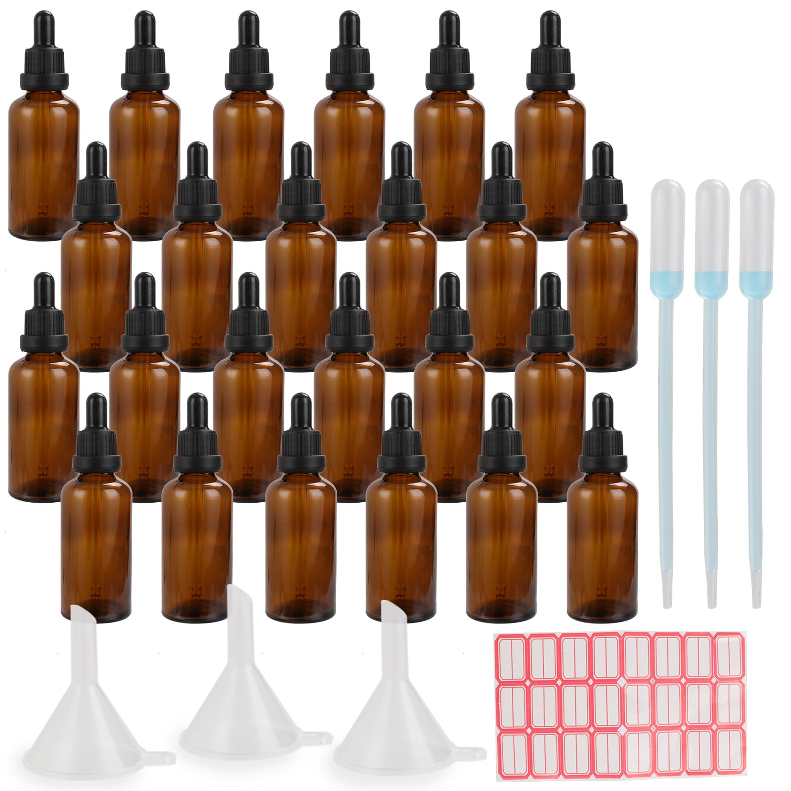 APACALI 24 flaconi contagocce da 50 ml, in vetro ambrato, con pipetta in vetro, 3 imbuti ed etichette, flaconi contagocce da 50 ml, per conservare oli essenziali, profumi e cosmetici