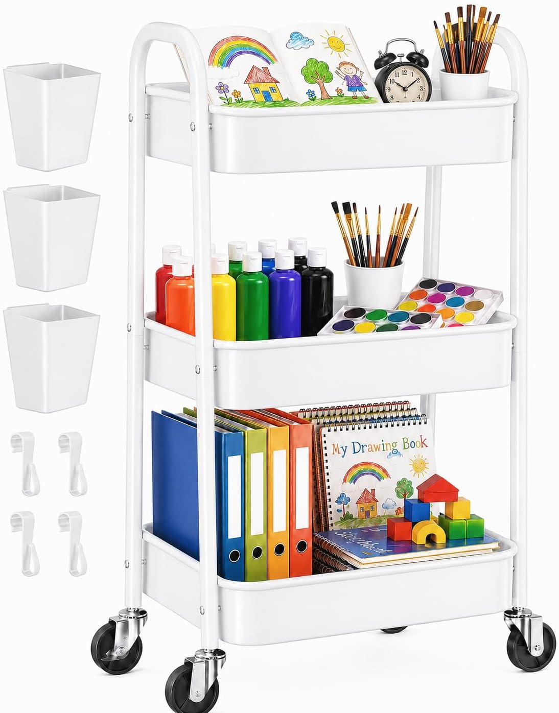 3 Tier Metal Rolling Cart Organizer, White Utility Storage Carts on Wheels