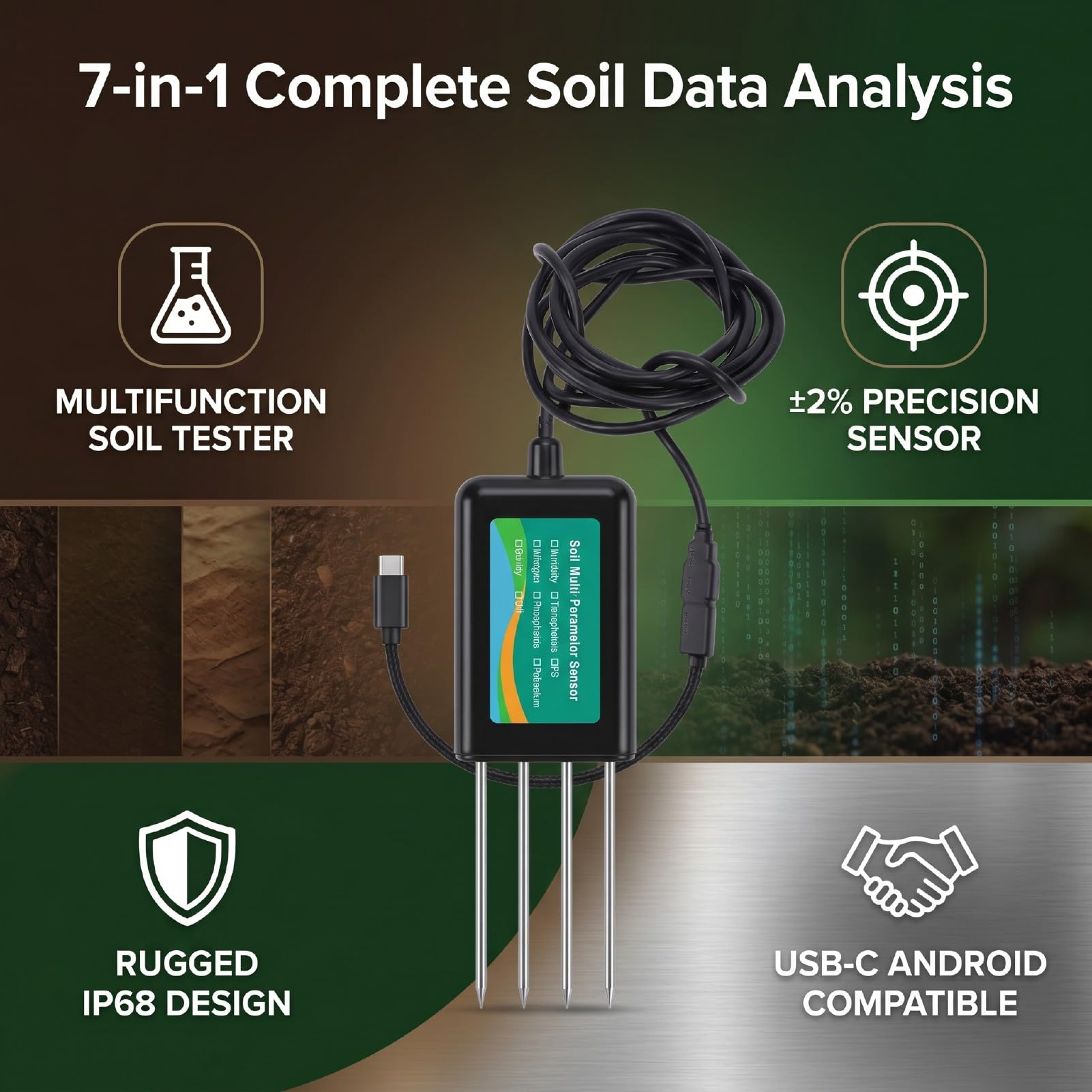 Fockety Probador de Suelo 7 en 1, Temperatura Humedad EC PH Nitrógeno Potasio NPK, Sensor de Suelo Digital a Prueba de Agua IP68 para Agricultura, Césped, Jardinería, Agricultura
