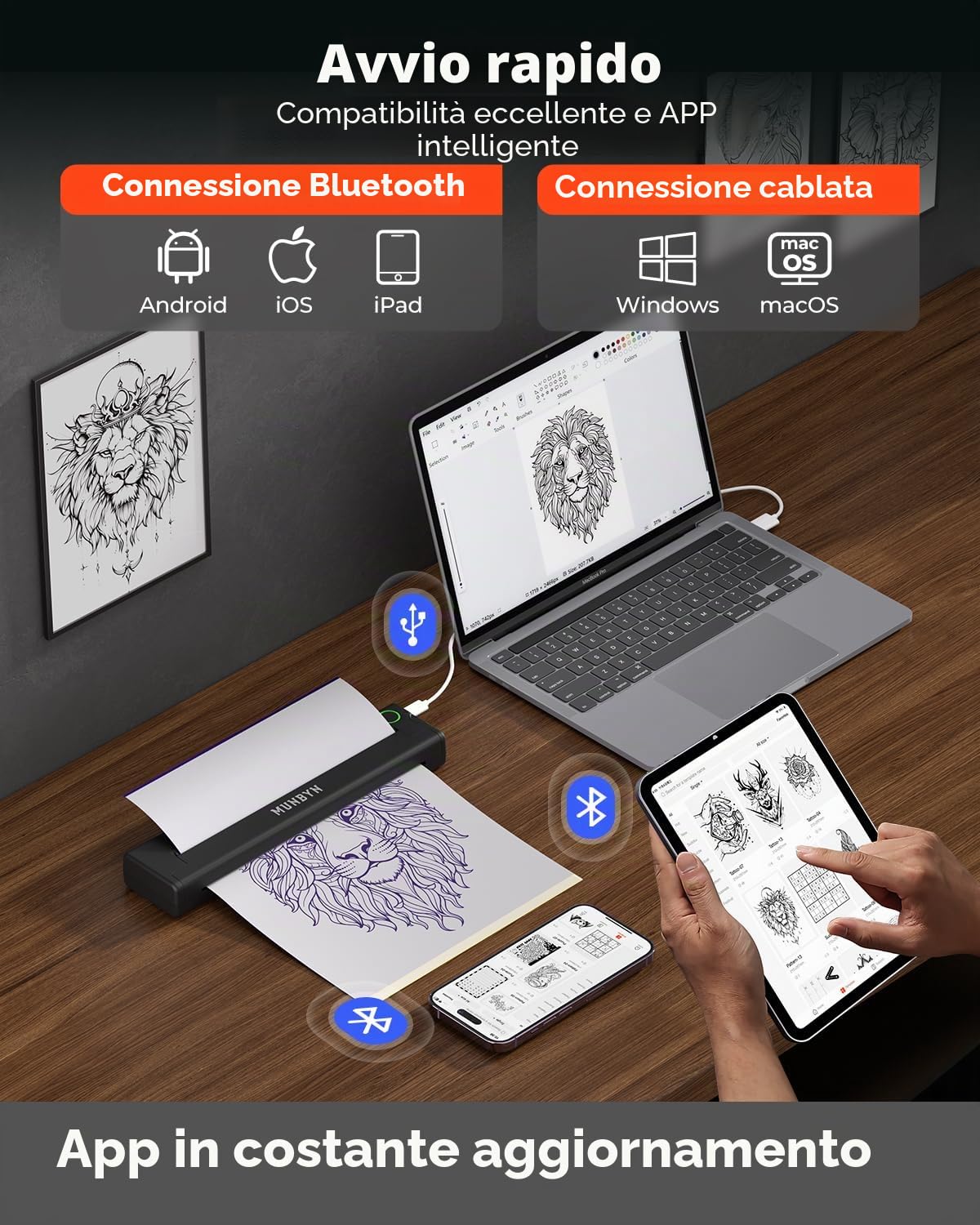 MUNBYN ITP05 Stampante Termica Tattoo Bluetooth 2600 mAh, 20 Fogli Carta Transfer, Nero