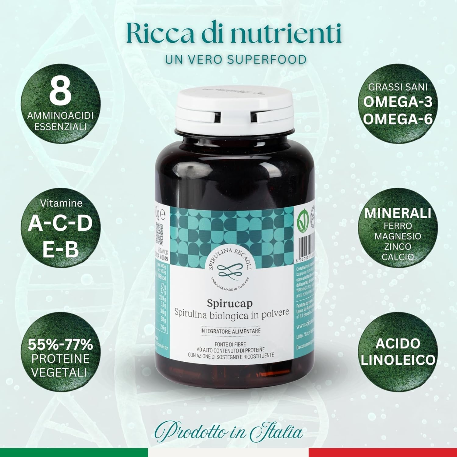 Spirulina Biologica in Capsule – Integratore Alimentare 100% Vegetale – Coltivata in Toscana – Fonte Naturale di Proteine e Vitamine – BECAGLI (180 Capsule)