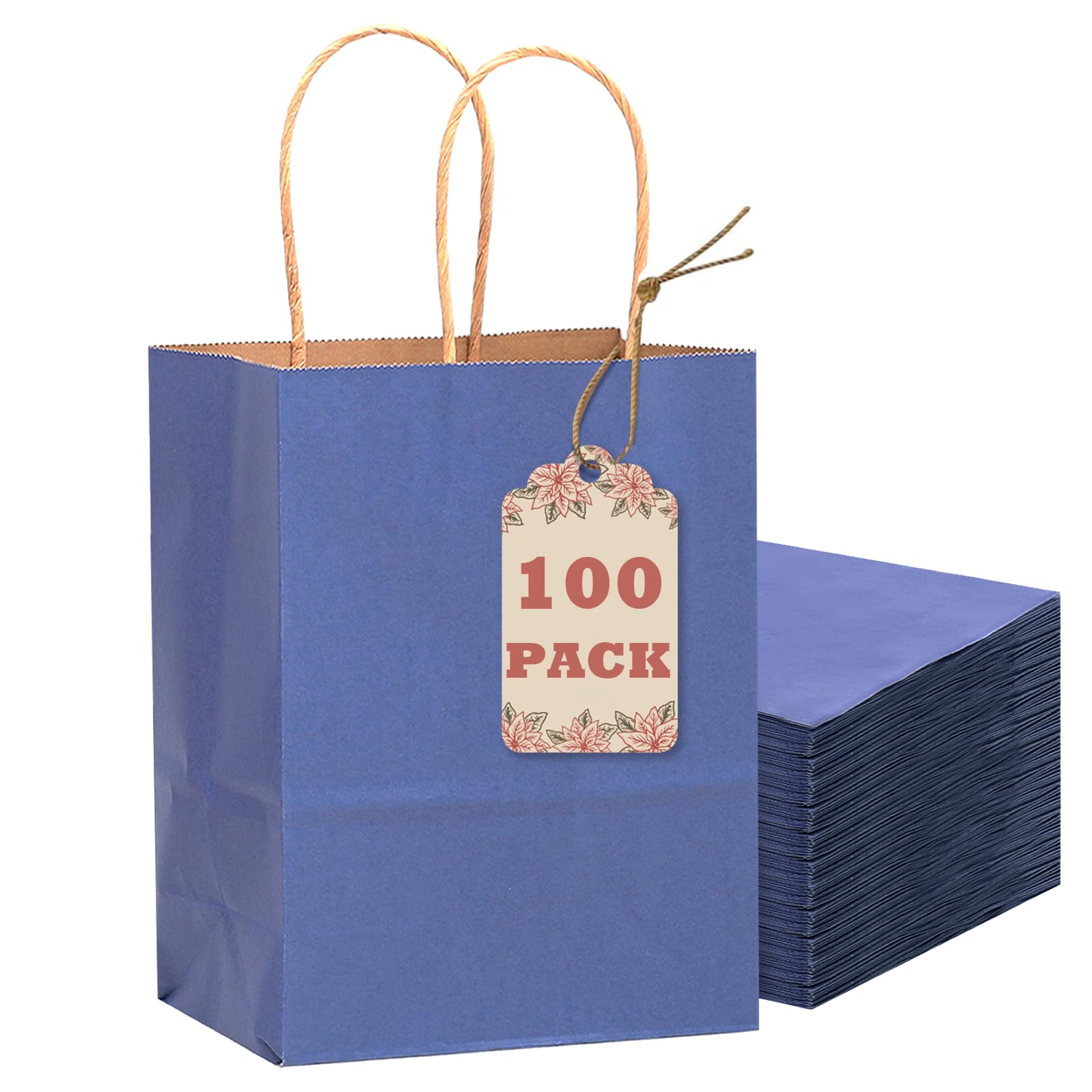 qiqee 100PCS Gift Bag with Handles Bulk Kraft Deep Blue Paper Bags Multiple Uses (8.3"x3"x6"inch Small Size)