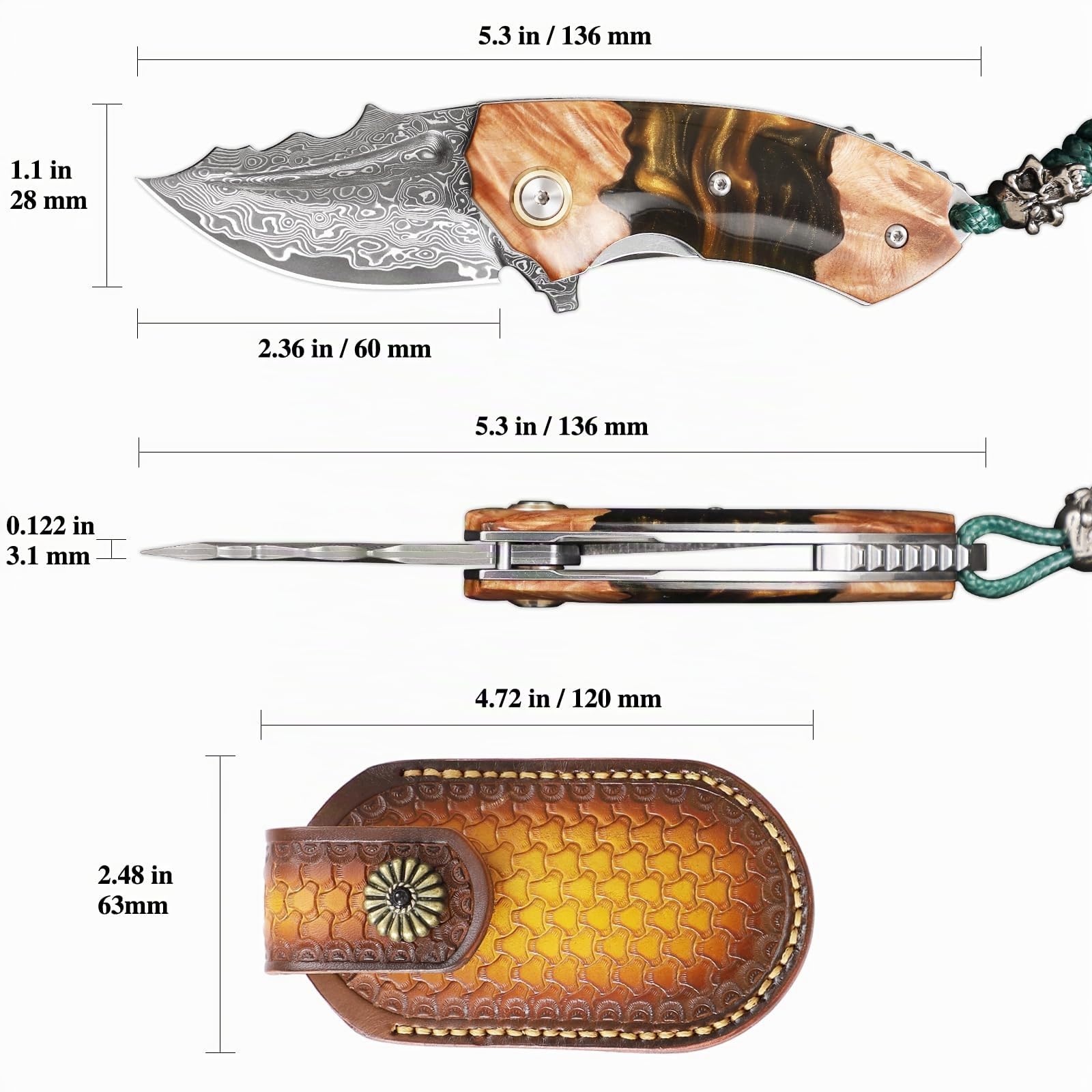 Handmade Japanese Damascus Steel Pocket Knife.Men's and Women's EDC Folding Knife，6cm Sharp blades，With leather sheath，Resin and maple handles，Suitable for hiking adventure, outdoor camping carry, mul