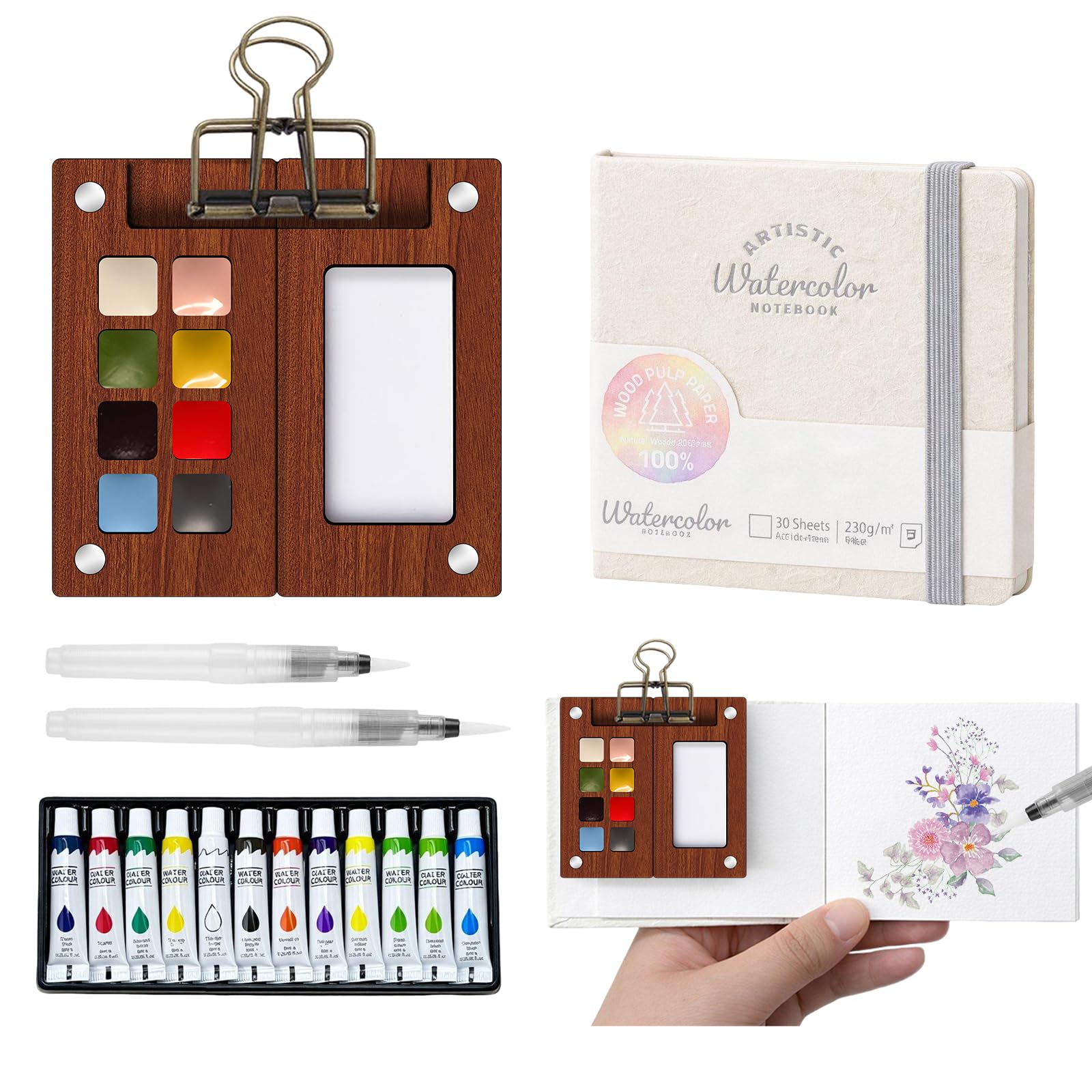 Mini Watercolour Paint Kit - Travel Watercolour Set, Pocket Art Water Colour 8 Grid Palette Set With Sketchbook, Clip, Pen and Additional 12 Colors, Painting Set Gift for Beginners, Artists Student
