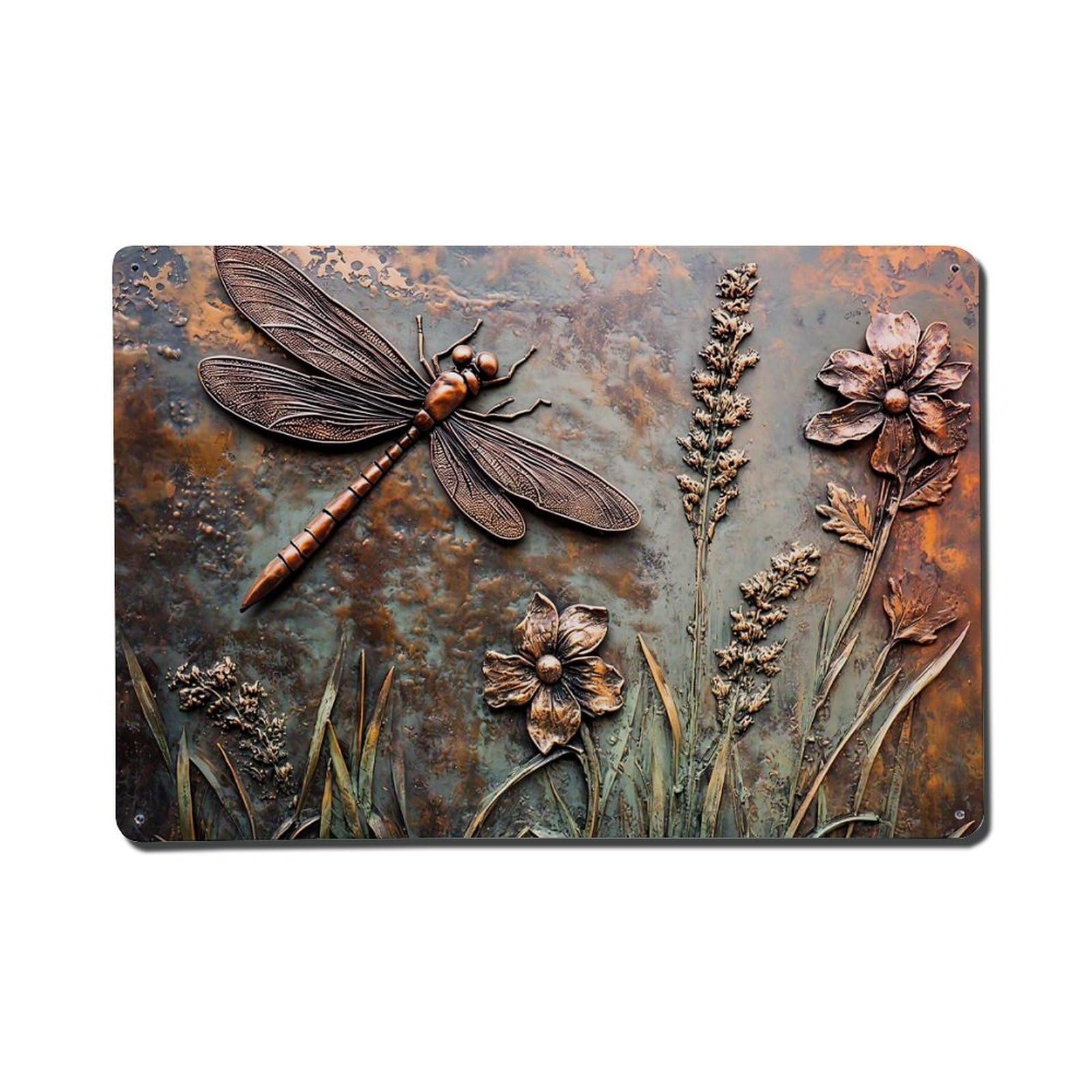 Copper Dragonfly And Floral Relief Vintage Tin Sign Retro Metal Wall Decor Metal Poster, Home Bar Garage Farmhouse Cafe Wall Art Decoration 8x12Inches