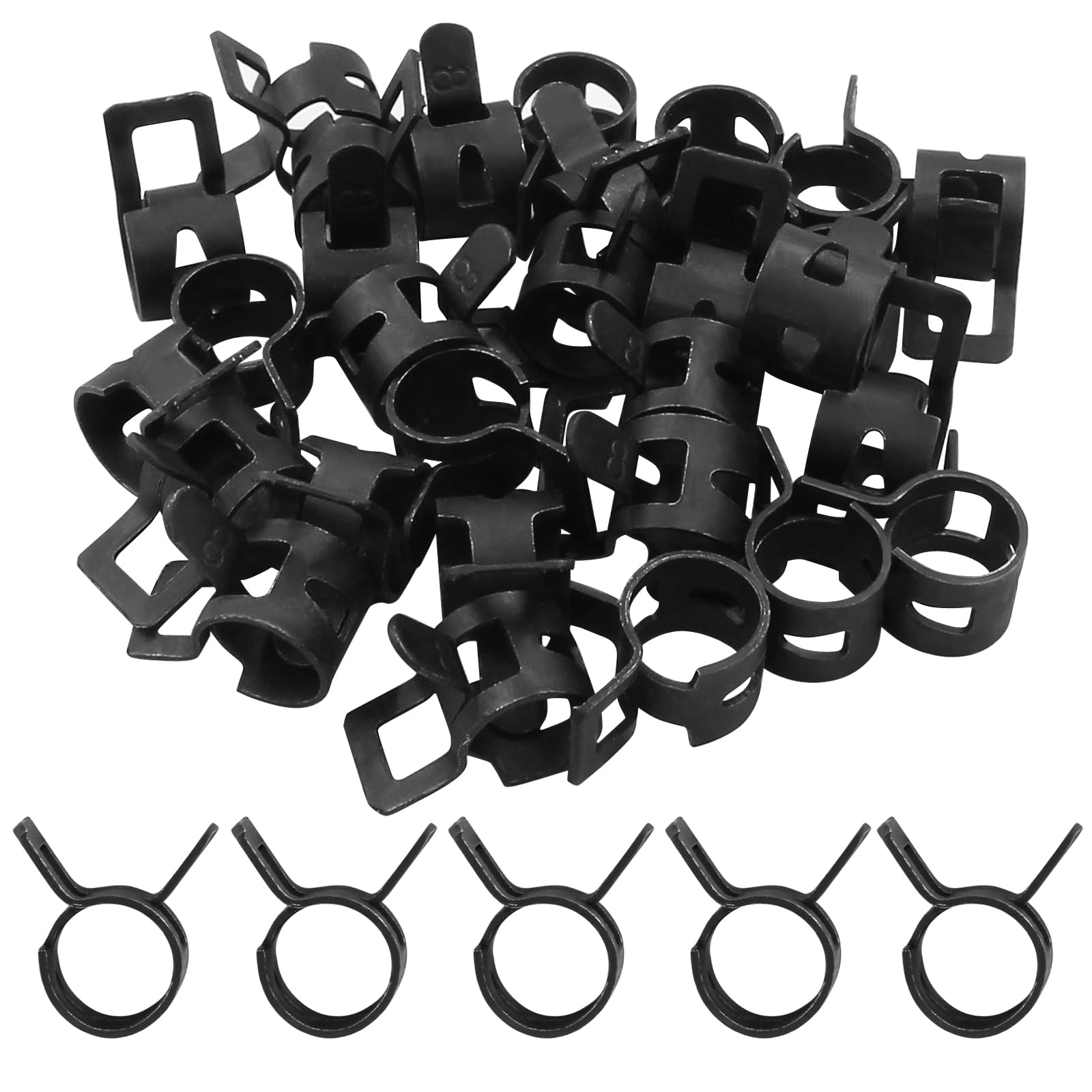 Kyuionty 30Pcs Spring Band Clips 5/16" 8mm Air Hose Tube Water Pipe Fuel Hose Line Vacuum Hose Clamp, Fit 8.5-9.2mm OD (Black)