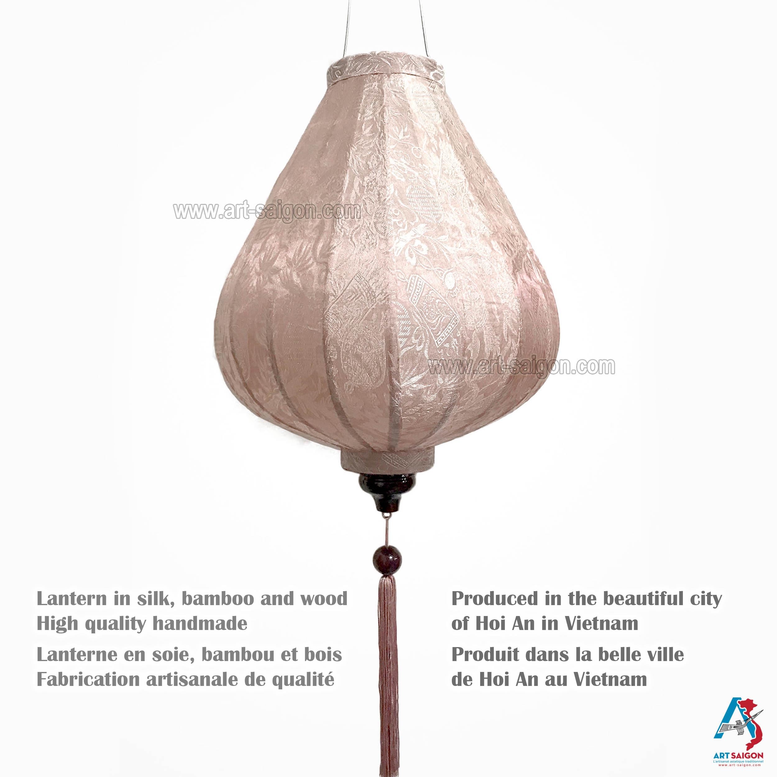 Asiatische Laterne aus Seide, G, Durchmesser 33 cm, Farbe Champagner, reflektierend, Rosa – Traditioneller Hoi an Lampion aus Stoff, Bambus und Holz – Dekoration und Handwerk aus Vietnam (G25-BE)