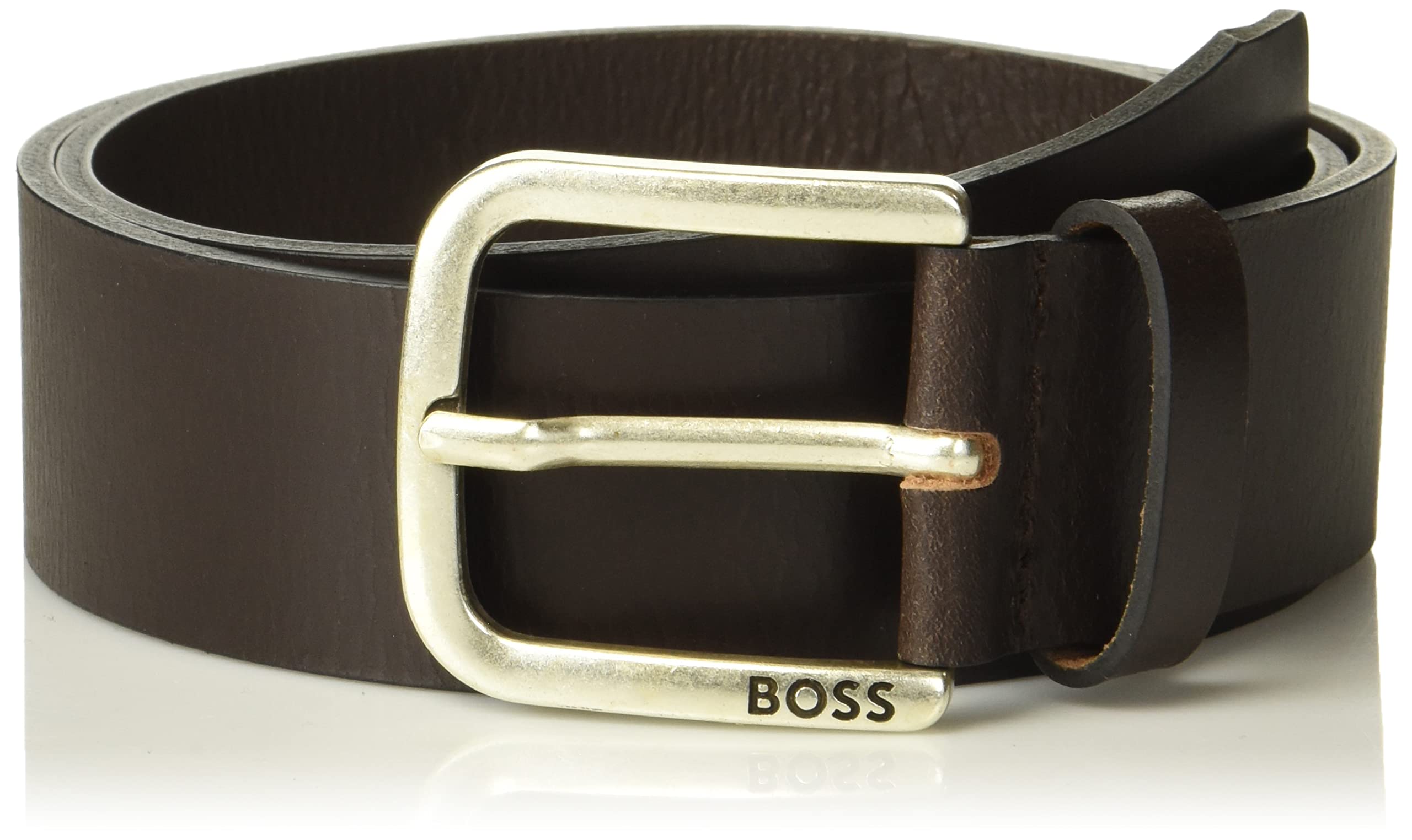 BOSS Men's Smooth Leather Engraved Buckle Casual Belt