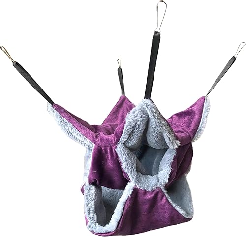 Miniatura 2 de Vedem Hamaca colgante para animales pequeños, de felpa, triple de felpa, para colgar en la cama, escondite para hurón y ardilla (moradogris)