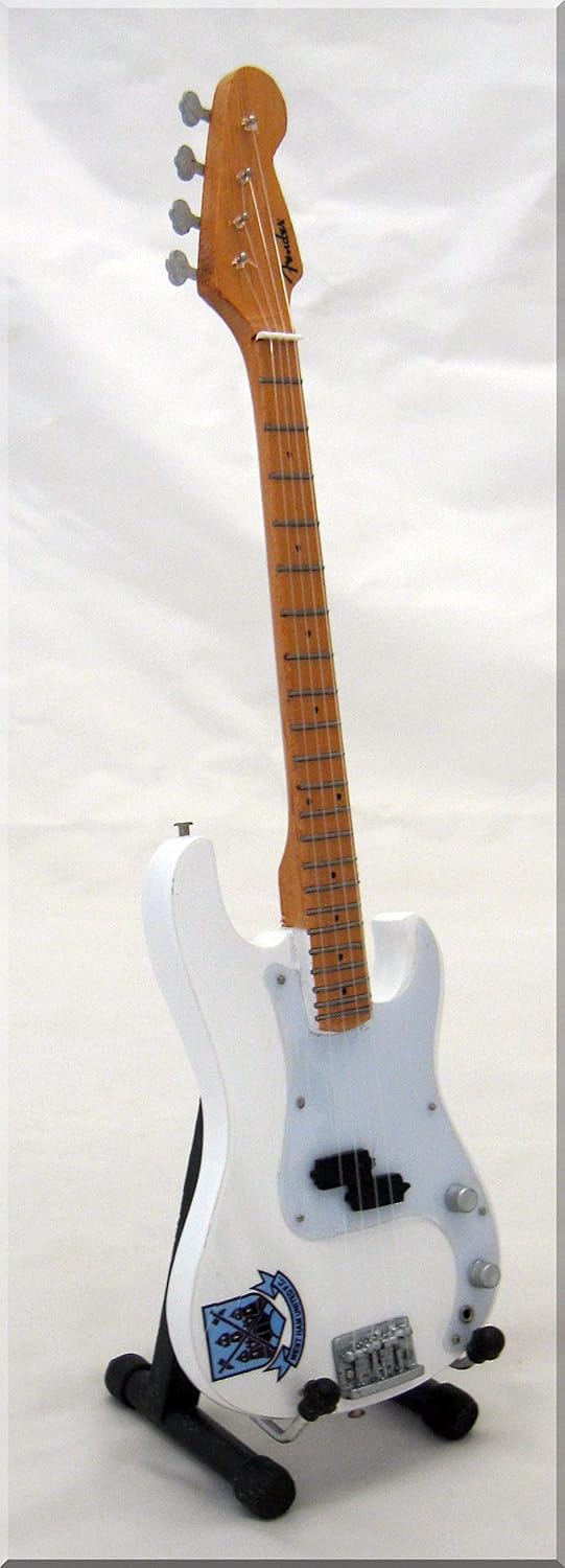 ARTSTUDIO35 Miniature Mini Bass Guitar, Wood, 10" Tall, White, Classic Style, Non-Playable, Includes Free Stand