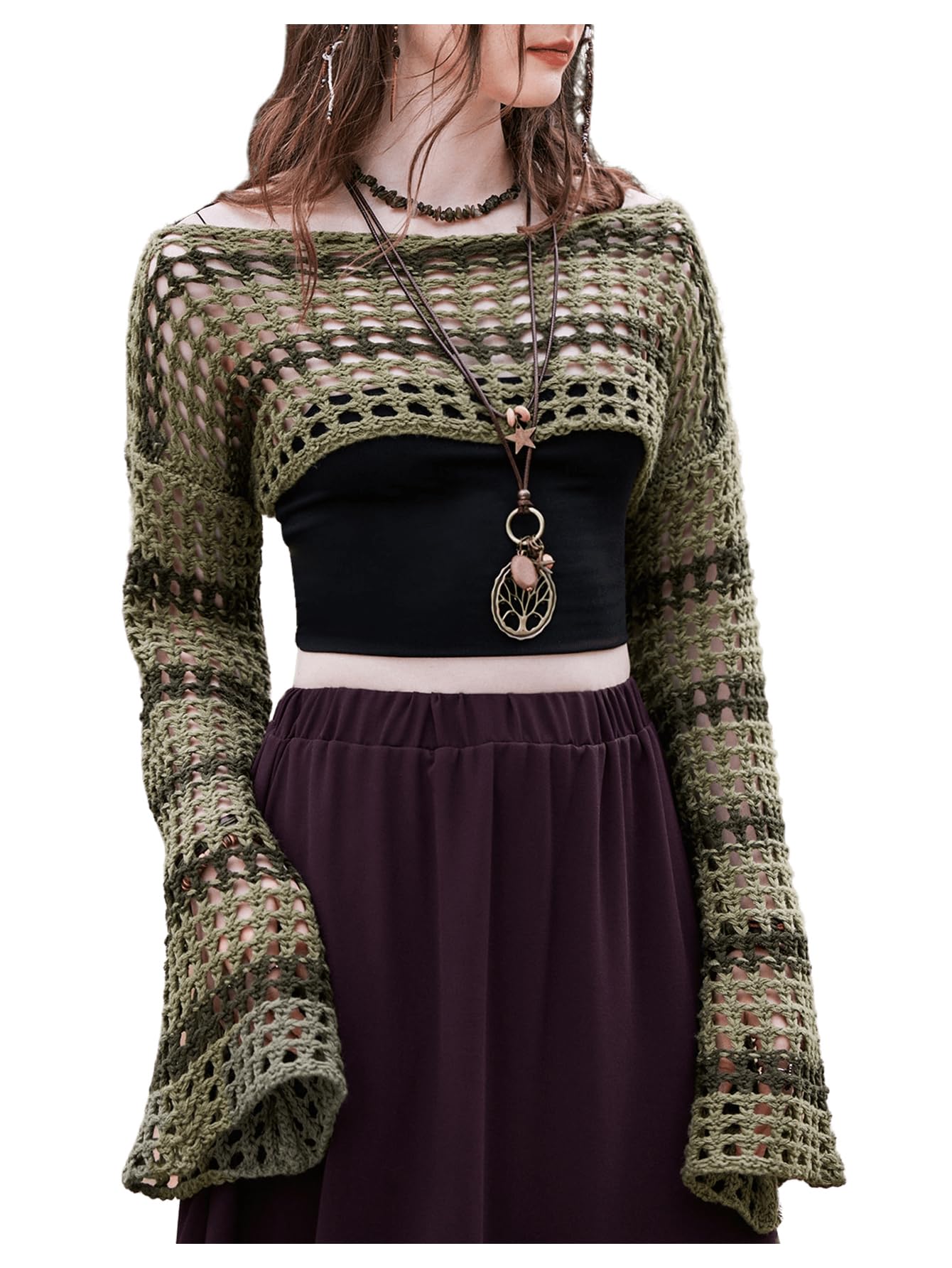 SHENHE Women's Hollow Out Knit Bolero Shrug Crochet Cropped Sweater Top Bell Long Sleeve Y2K Top: Large Army Green