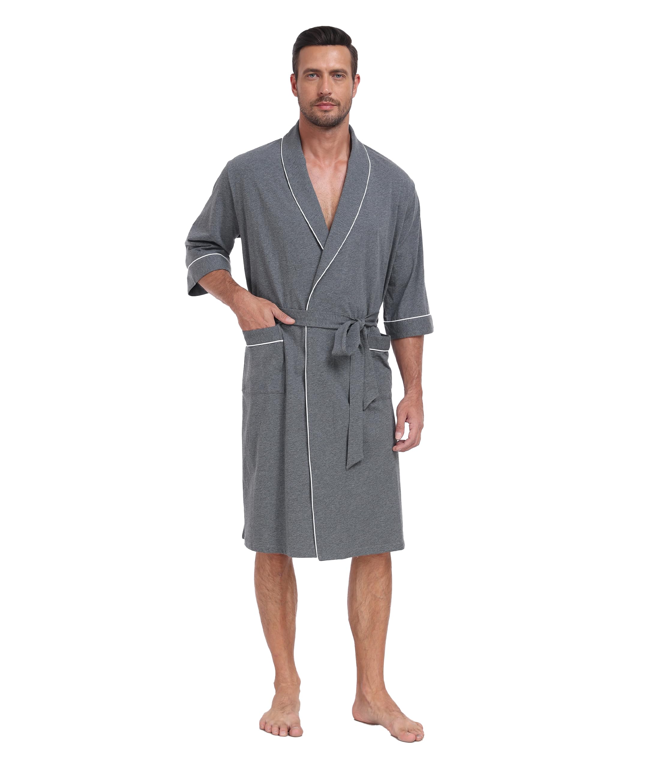 CF Men's Robe Cotton Bathrobe Soft Short Sleeve Bath Robes Shower Robe for Spa Soft Kimono Lightweight Sleepwear with Pockets