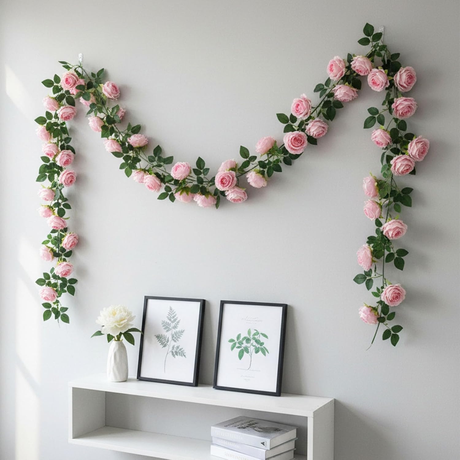 2Pcs(13FT) Artificial Flower Garland, Hanging Fake Pink Roses Vines with 21 Large Size Silk Flowers(Dia 4 inch), for Indoor Outdoor Party Home Wedding Birthday Bedroom Home Wall Decor