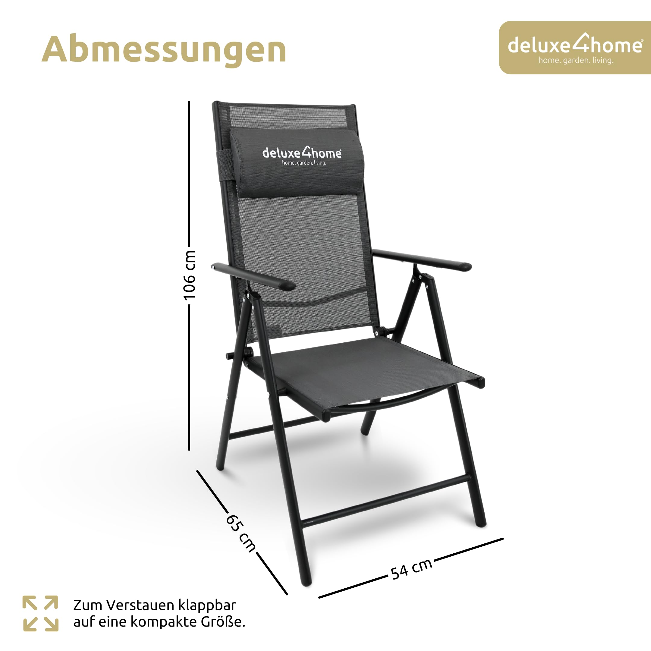2er Set Gartenstuhl Klappbar 7-stufig verstellbar I Terrassenstuhl aus Metall Anthrazit I Hochlehner Klappstuhl mit Armlehnen Balkonstuhl inkl. Kopfpolster Campingstuhl