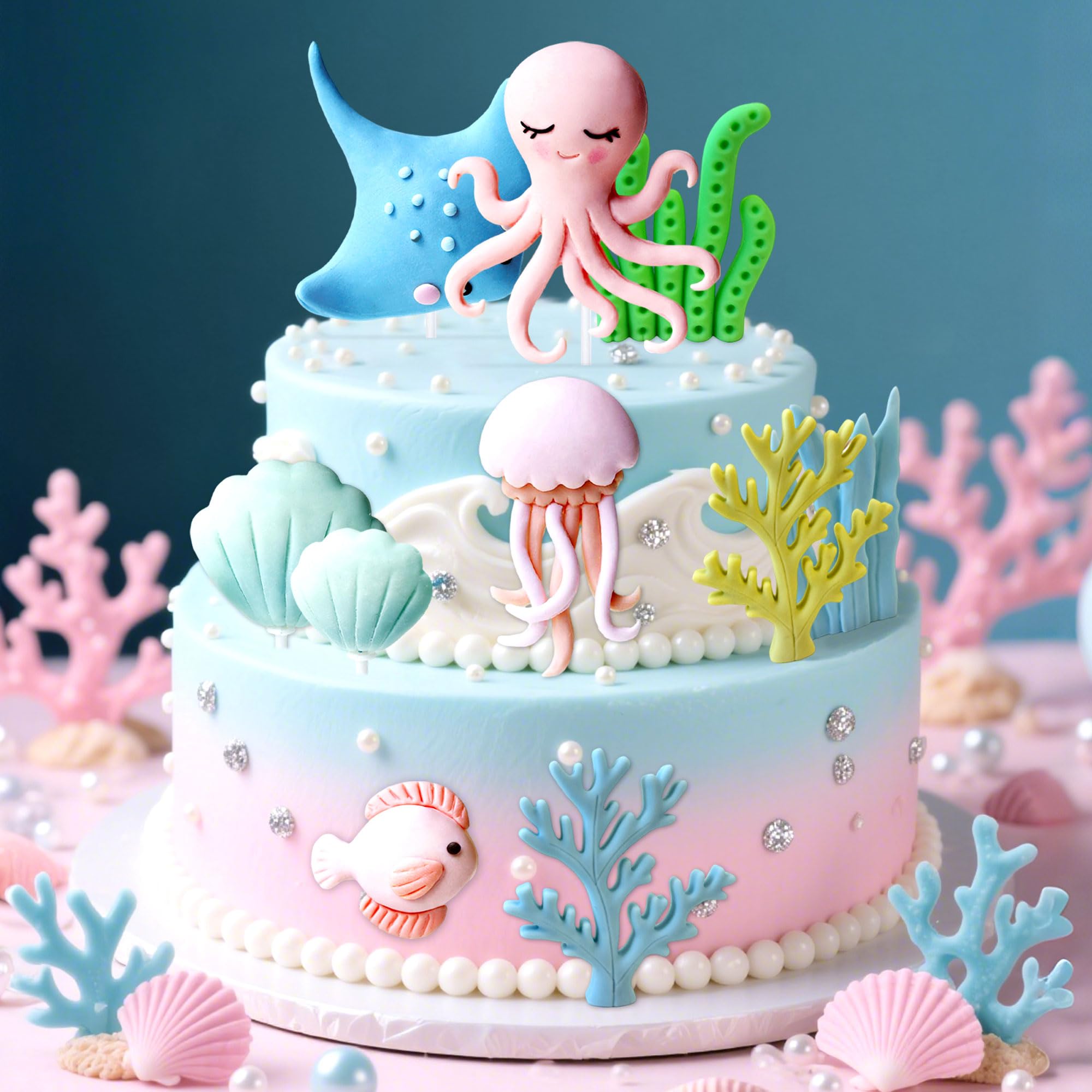 Under the Sea Ocean Birthday Cake Decorations Sea Ocean Party Favor Supplies for Sea Ocean Theme Baby Shower Birthday Party - Image 3