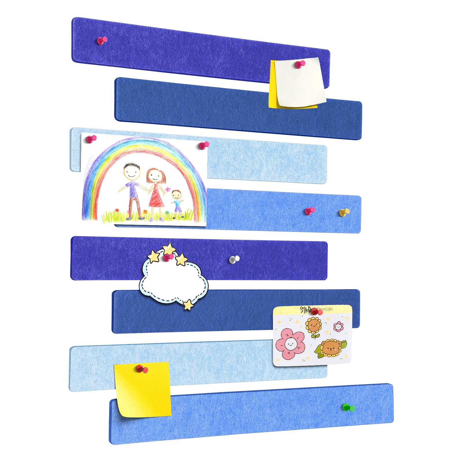 GoTiling Cork Board for Walls - 8 Pack Felt Pin Board Bar Strips - Self-Adhesive Lightweight Bulletin Board - Cork Board for Office with 40 Push Pins