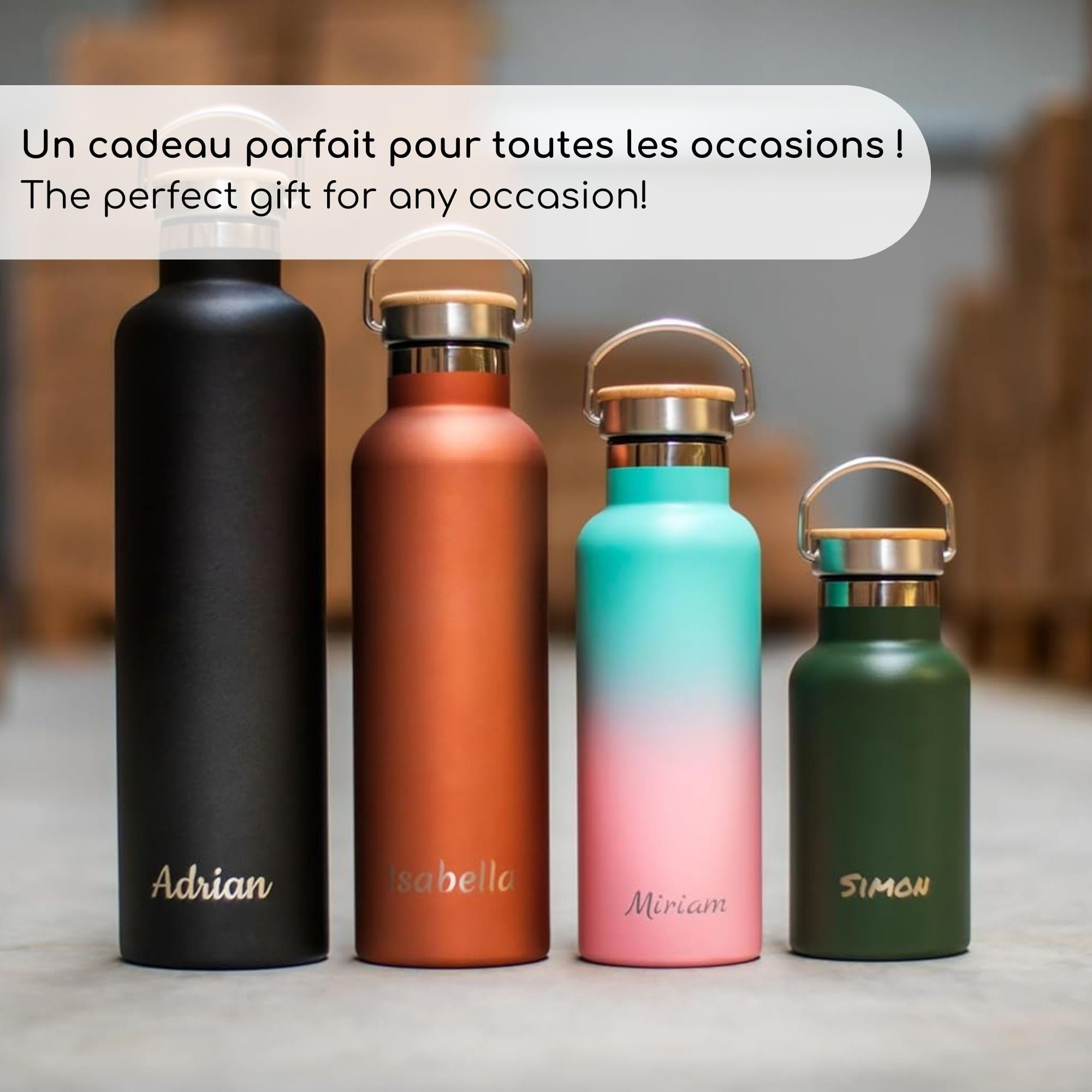 Milu Gourde en acier inoxydable avec gravure 350ml 500ml 750ml 1000ml (+3 couvercles) - Idée cadeau cadeau personnalisé avec prénoms Noël pour hommes femmes maman papa amis | (500ml + gravure)