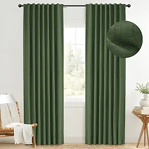 INOVADAY 100% Blackout Curtains 90 Inches Length 2 Panels Set, Back Tab/Rod Pocket Linen Black Out Curtains for Bedroom, Thermal Insulated Window Drapes - Moss Green, W50 X L90