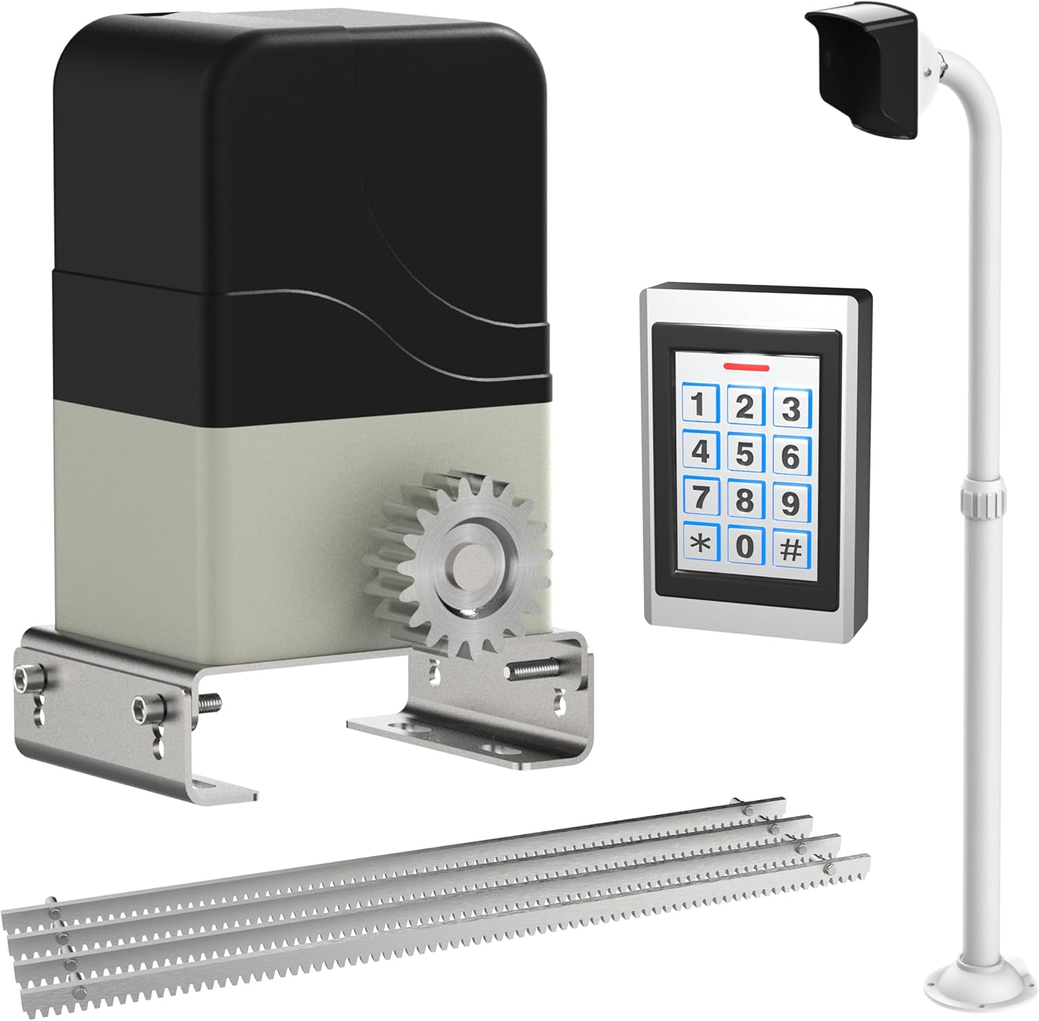 Blütezeit MJ-300 Sliding Gate Opener with 13.12ft Steel Gear Racks, MWK20 Wired Keypad with 2 RFID Cards & Keypad Post (White) – 900lb AC Motor, Rack-Driven, Multi-User Access Control