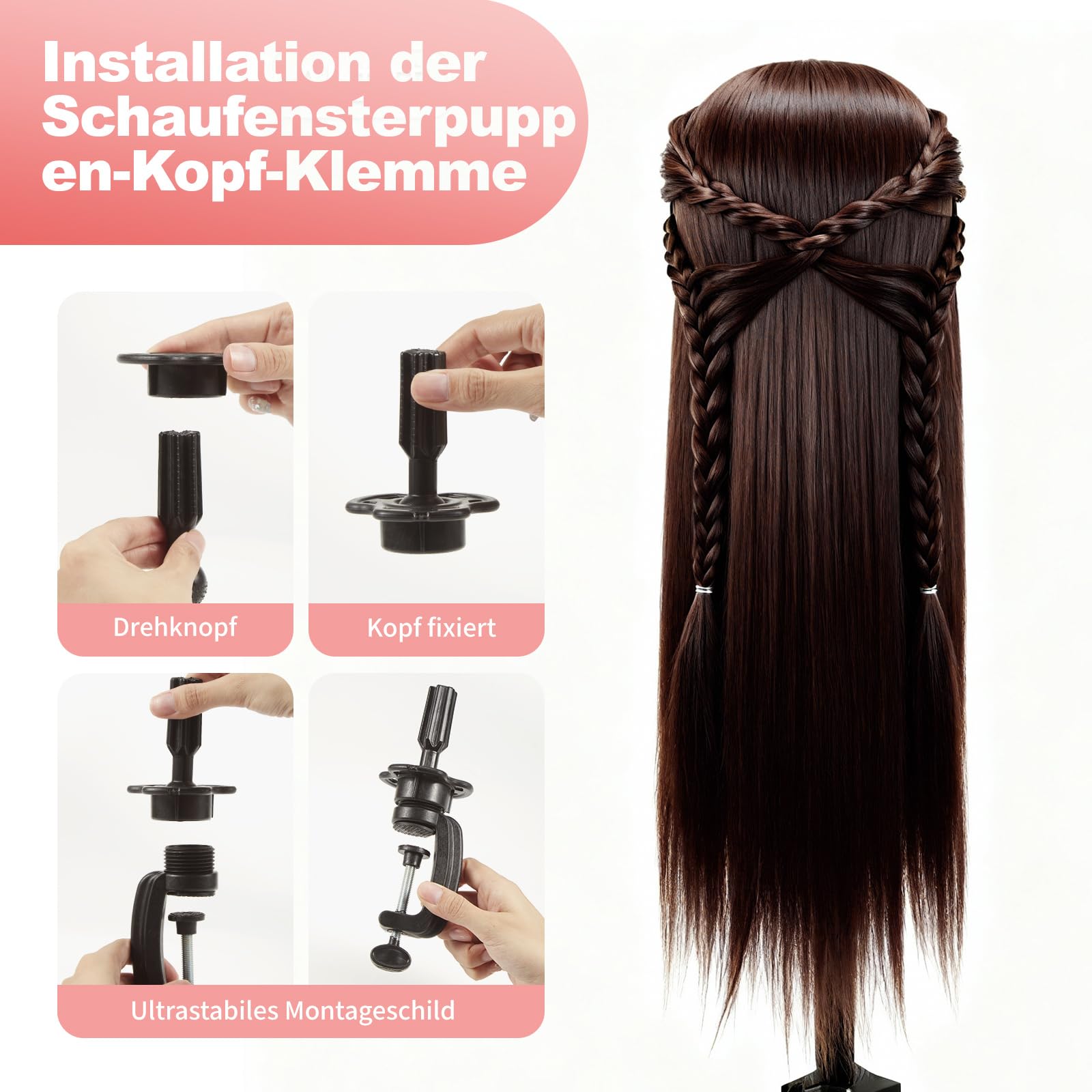 Trintion Frisierkopf Trainingsköpfe Übungskopf Friseur 28" Synthetik Haar Trainingskopf Frisurenkopf Puppenkopf Frisierkopf Halter mit DIY Haar Zubehör Styling Set (28" Dunkelbraun+Kammset)