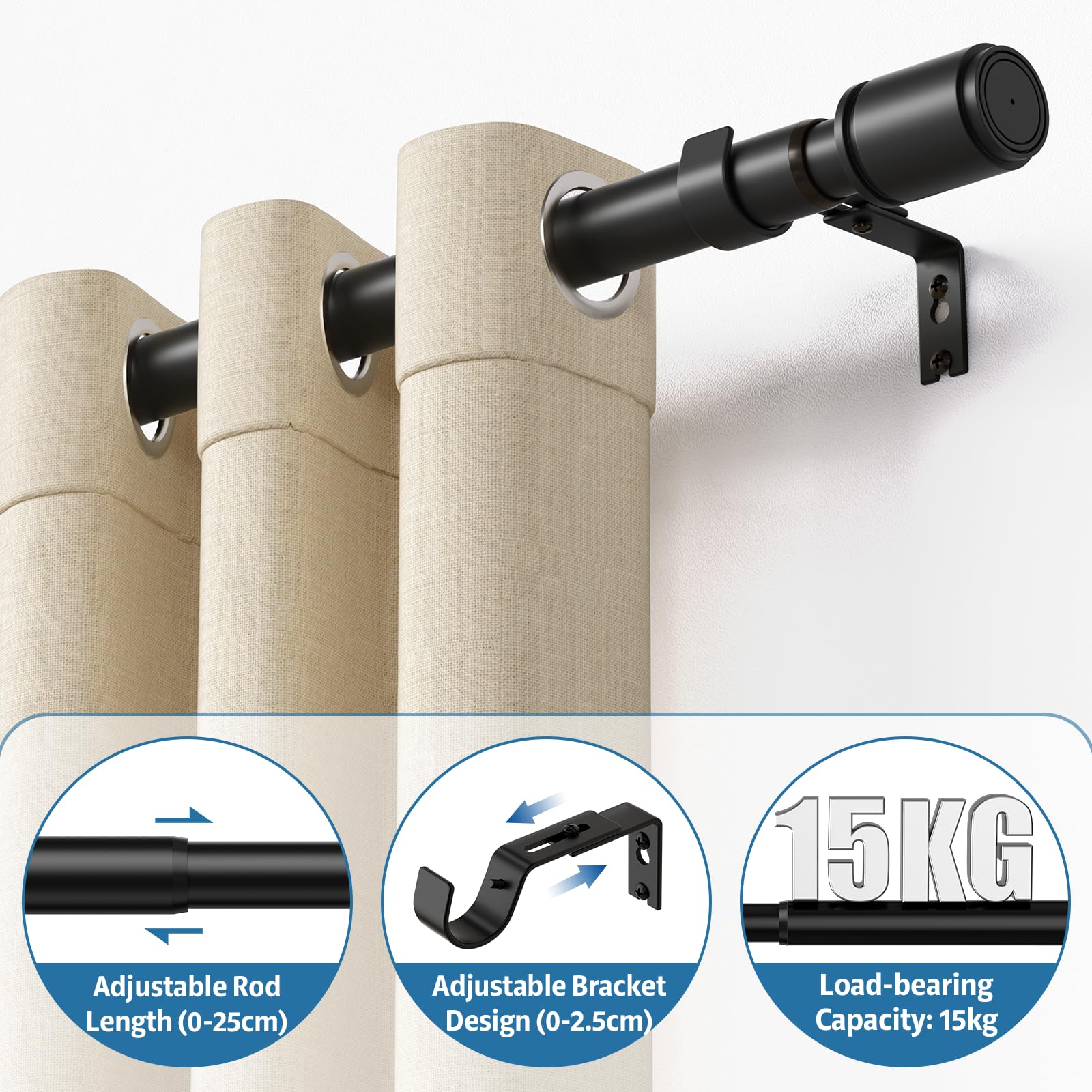 Bastone per tenda nero da 79-320 cm, estensibile da 25 mm, per tende con occhielli, in metallo resistente, con staffe regolabili, per camera da letto, soggiorno, facile installazione