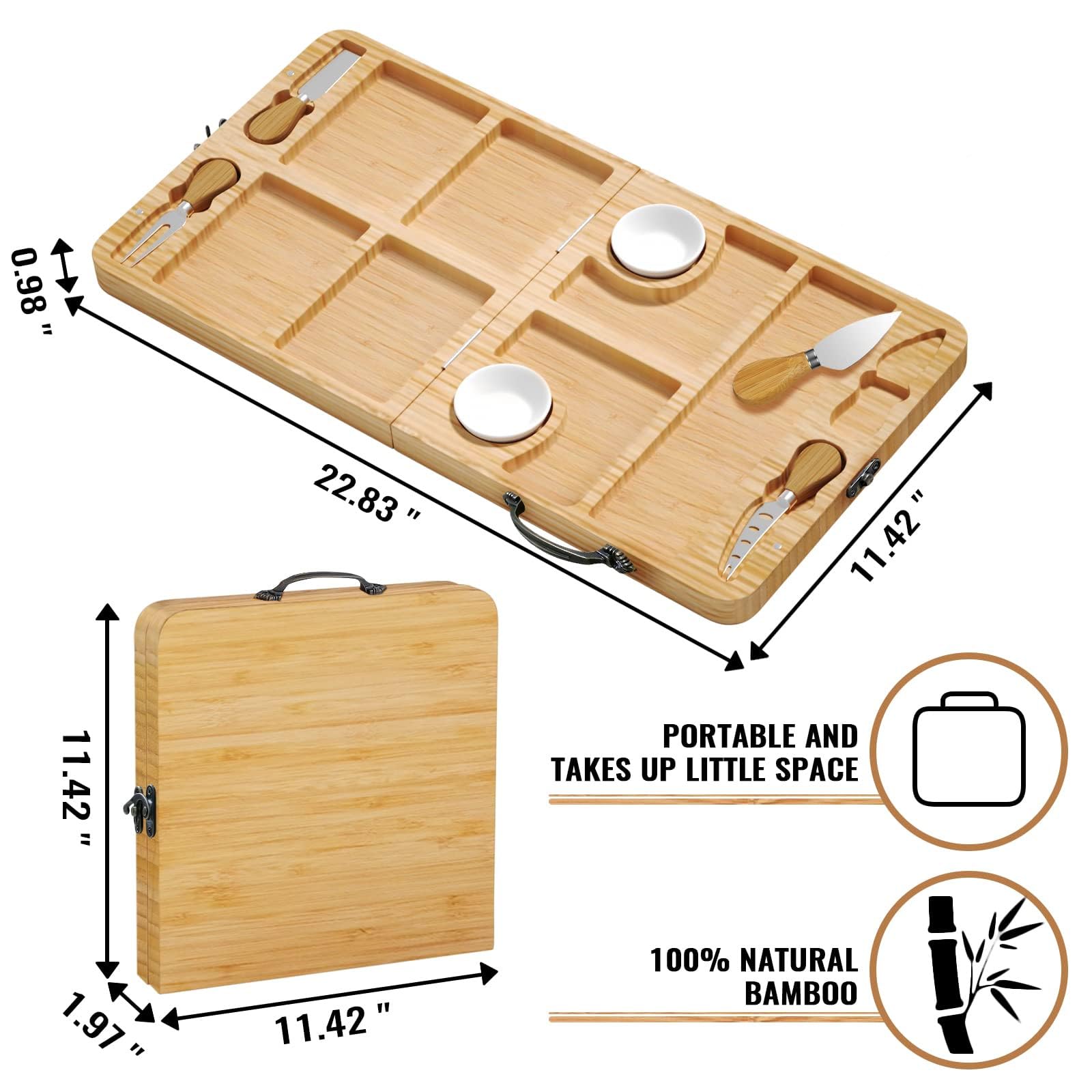 NatureNest Tabla de charcutería grande, bandeja portátil plegable para servir queso, juego de cuchillos multiusos, adecuado para exteriores, aniversario de boda, Navidad, regalos de Acción de Gracias