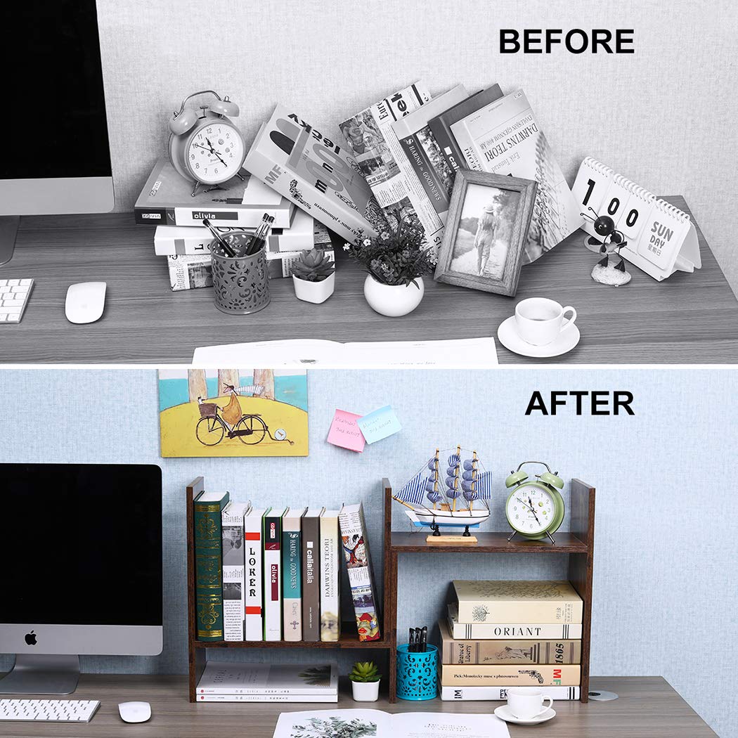 PAG Adjustable Desktop Shelf Wood Small Bookshelf Desk Supplies Organizers and Accessories Storage Display Rack Office Decor, Antique Brown